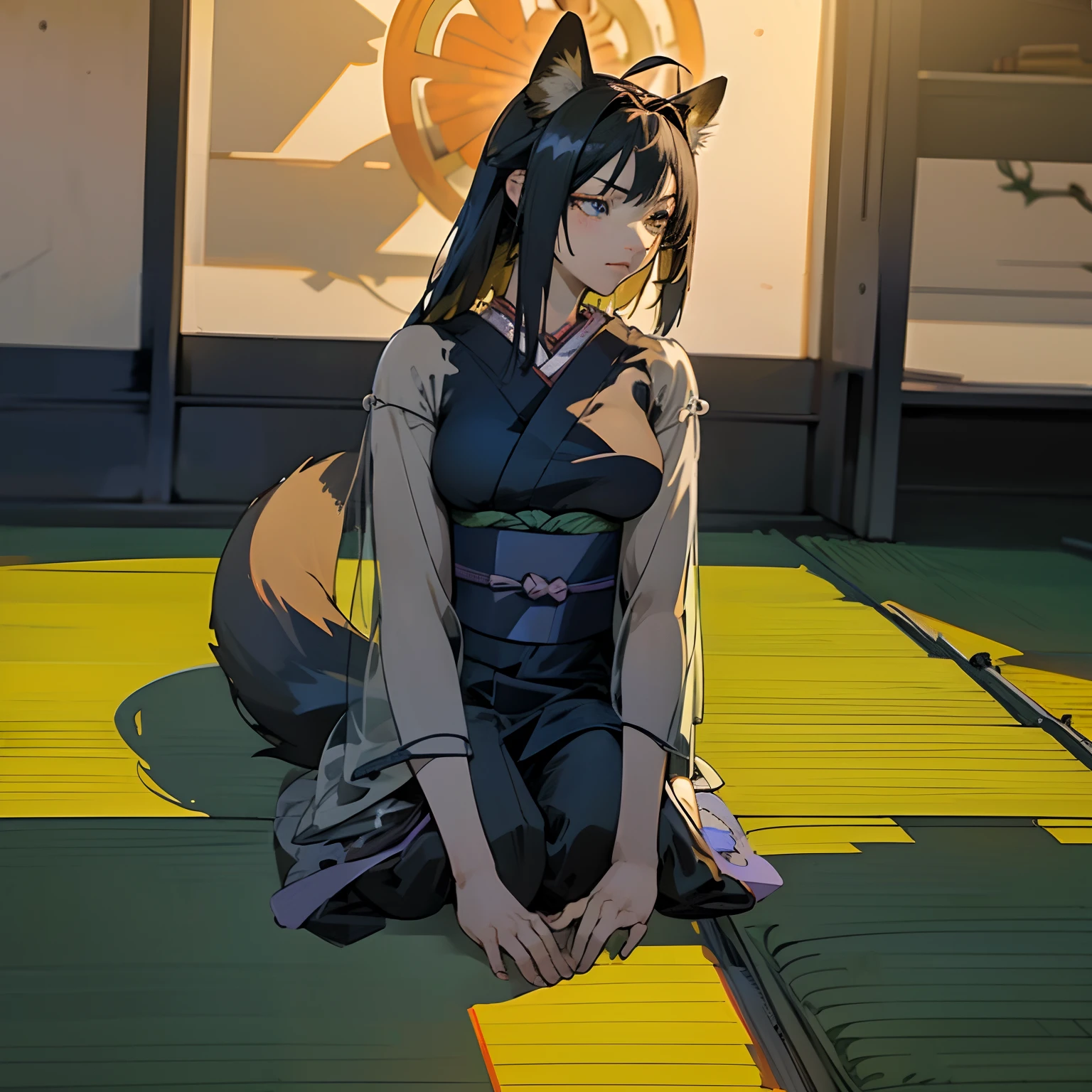 ((beautiful anime eyes with fine detail)), realistic skin, (intricate details), best lighting, depth field, ((ultra high resolution, high res)),{highres}, {{very fine 8KCG wallpapers}}, {{very precise detailed}},((((masterpiece)))), high quality, very_high_resolution, large_filesize, full color,Very delicate and beautiful girl with precision ((vivid and beautiful, shocking sensation, incredibly detailed
, realistic)), (embarrassed:1.1), blush, bare shoulders, (obi:1.2), (see-through:1.4), covered , covered pread legs:0.9), black hair, long hair, fox ears, blue eyes, profile, modest white kimono, back, (((dark voluminous fox tail))), andon, ((( sit flat on the floor with one's legs bent backwards))), muscular arms, muscular thighs, glowing moon in background, drawing from behind, old Japanese architecture, drawing outside from inside, Japanese garden, night