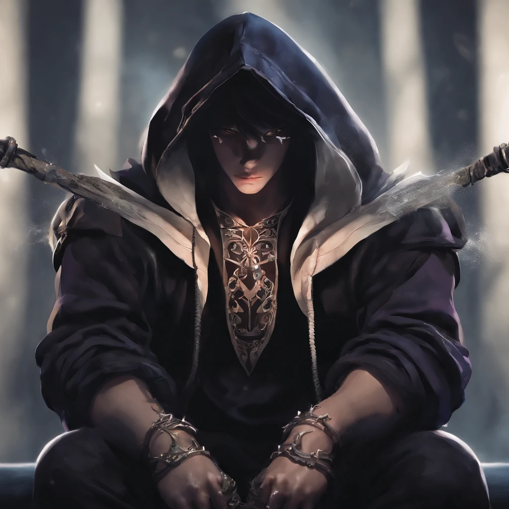 Anime boy,Wearing a hoodie,holding daggers,battle pose,highest quality digital art, surrounded by shadow warrios,black and purple,dark,shadow master, Stunning art, wallpaper 4k,8k,64k, HD, unparalleled masterpiece, dynamic lighting, cinematic, epic