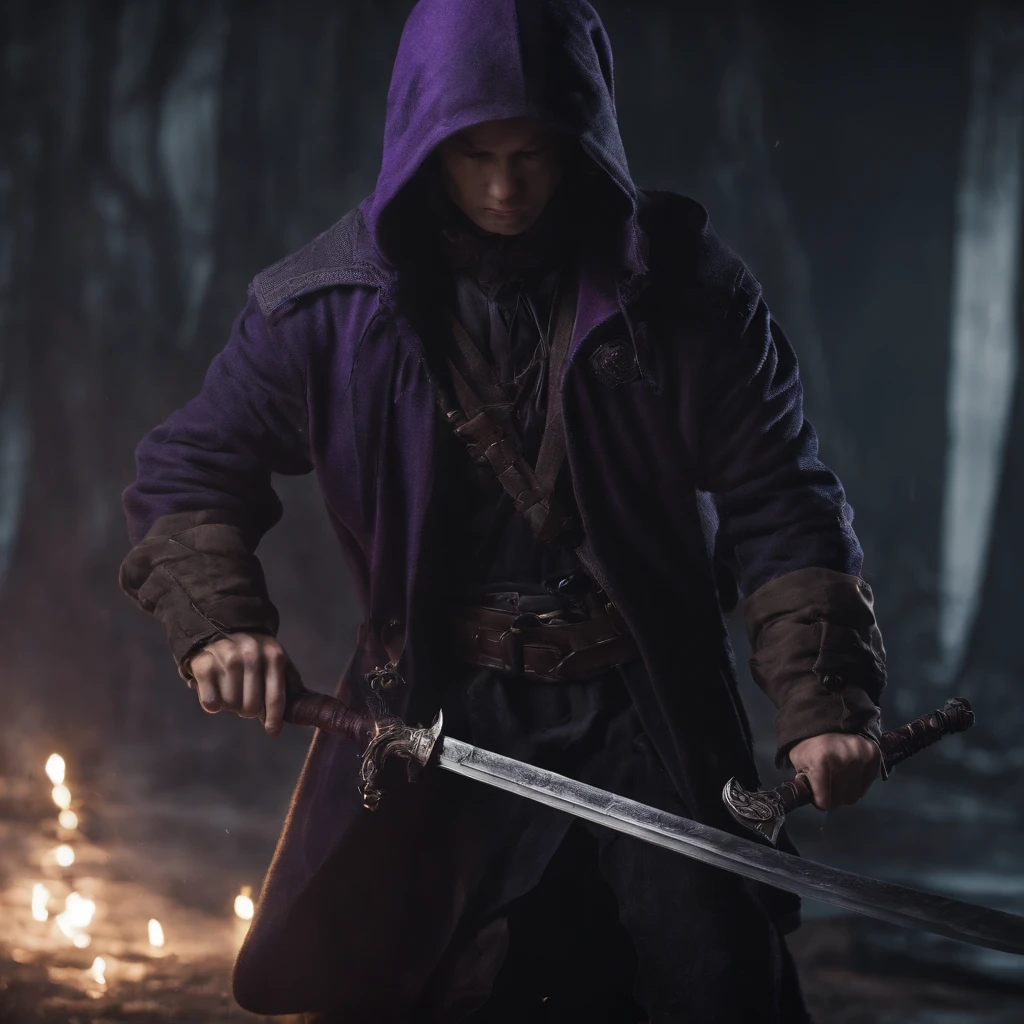 Anime boy,Wearing a hoodie,holding daggers,battle pose,highest quality digital art, surrounded by shadow warrios,black and purple,dark,shadow master, Stunning art, wallpaper 4k,8k,64k, HD, unparalleled masterpiece, dynamic lighting, cinematic, epic