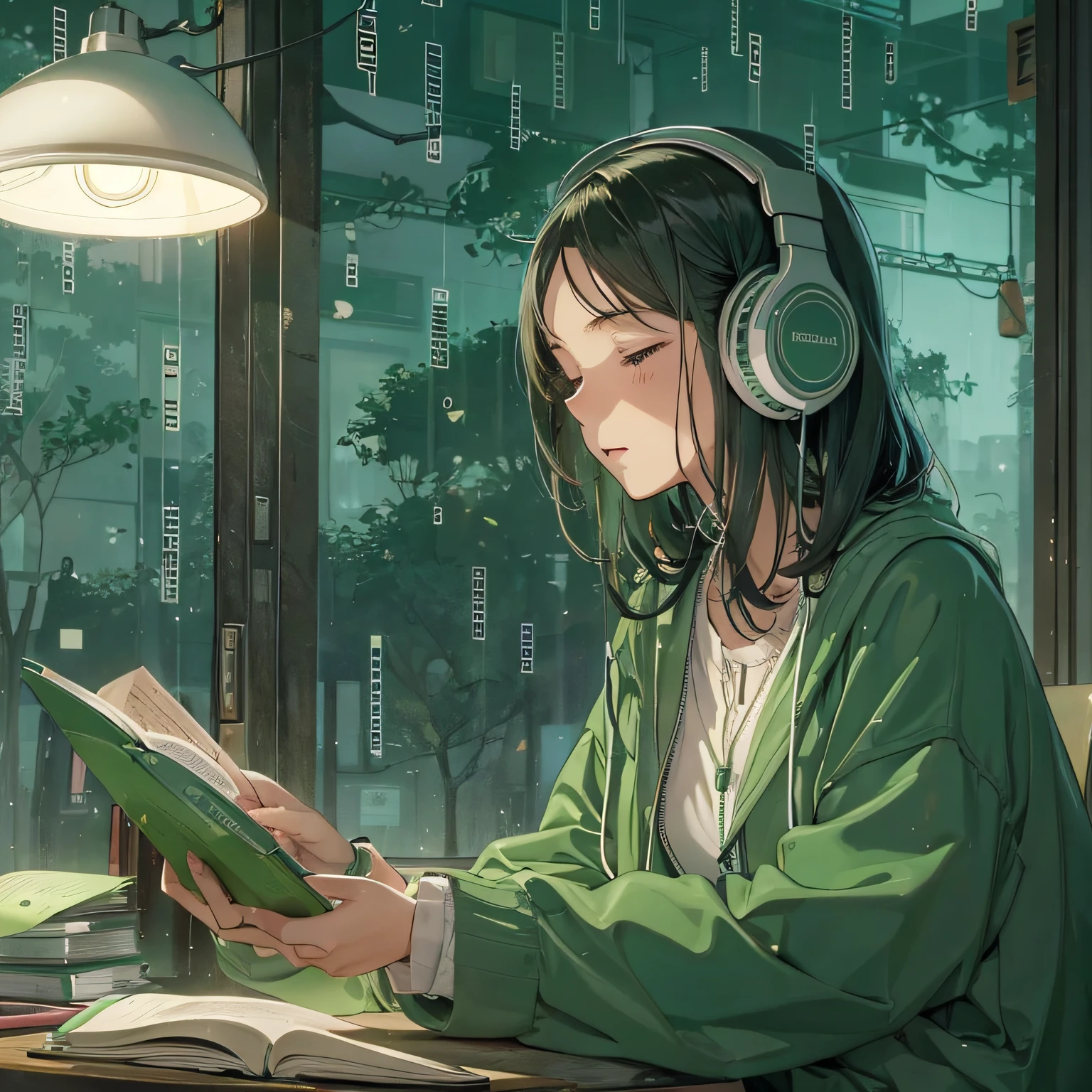 ((lo fi music for study: 1.3) +(japanese aesthetic: 1.1))e(auto-estudo:0.9),Minimalista, Ambiente, cores silenciadas,peaceful, Relaxed, aconchegante,calmo,ritmo lento,conducive for concentration,reconfortante, night time, livro aberto, coffee cup, desk lamp, light rain outside,estudante, green colour headphones on head,leitura, produtivo.