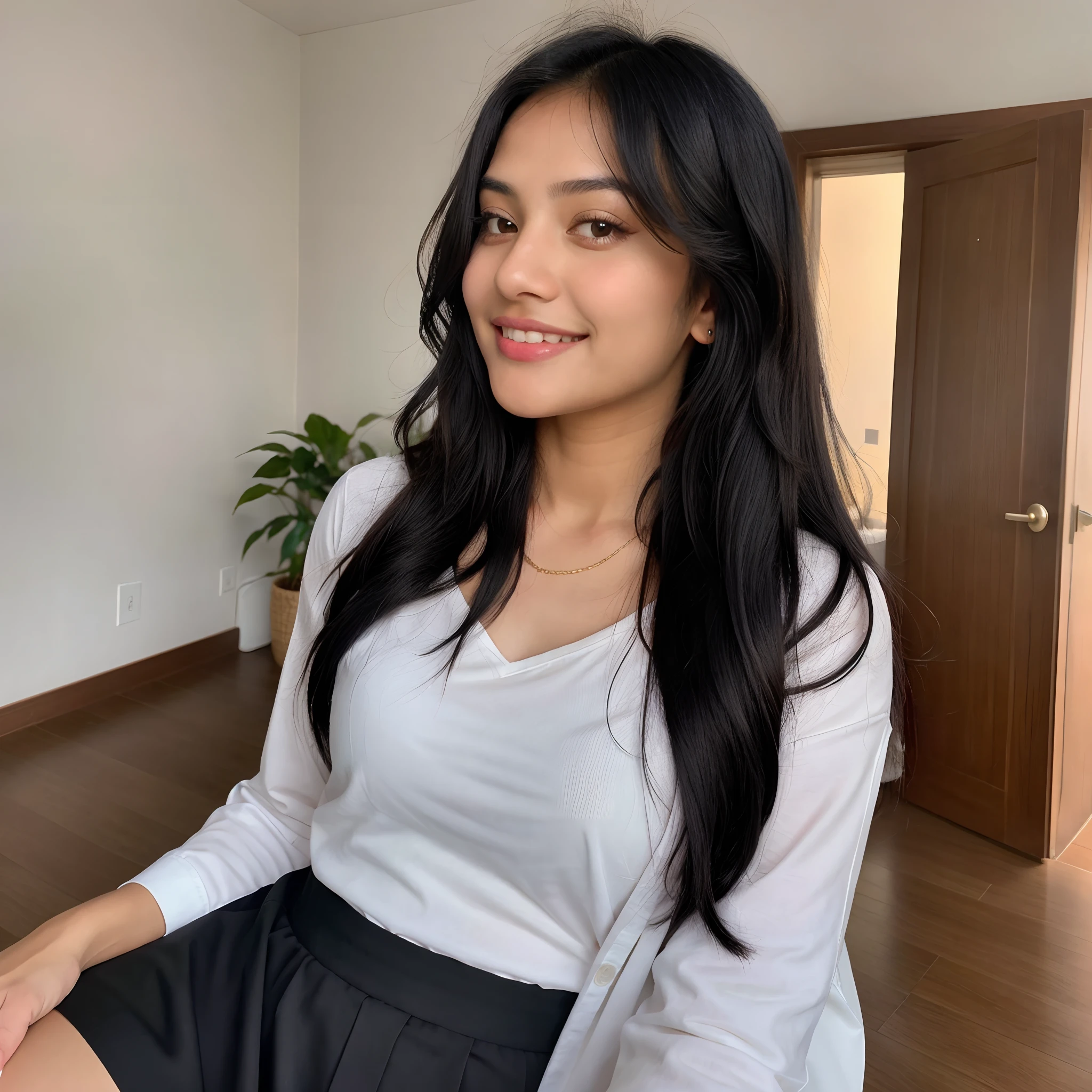 realistic, south asian girl, long black hair, simple, super cute, teenager, selfie, profile picture, instergram, happy, light smile, light rose outfit,