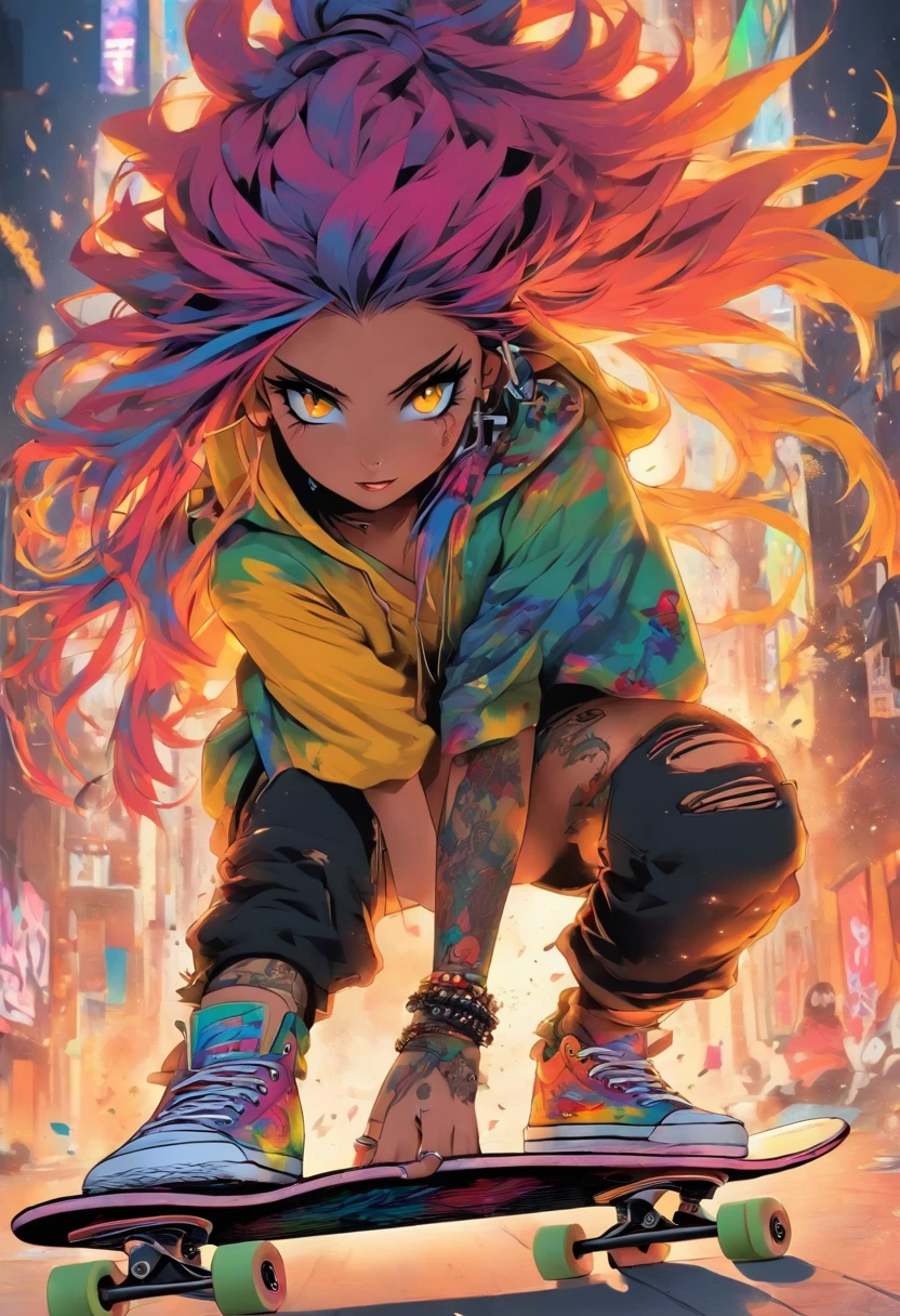The most beautiful and sexy skateboard Wolf ninja girl, rainbow colored hair, yellow eyes, wearing hoodie, graphic t-shirt, torn skinny jeans and highly detailed skateboard gear, tons of tattoos and piercings, highly detailed background, perfect masterpiece, high quality, high resolution