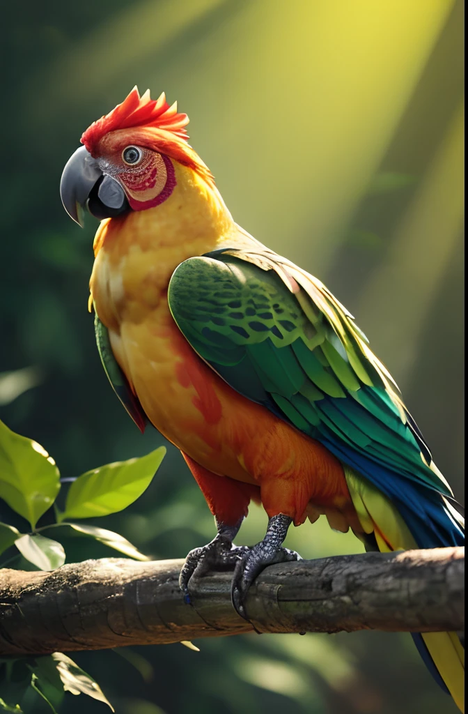 (best quality,4k,8k,highres,masterpiece:1.2),ultra-detailed,(realistic,photorealistic,photo-realistic:1.37),chicken,parrot-like,beautiful plumage,autumn foliage,leafy background,vibrant colors,feathery details,expressive eyes,beak with vibrant hues,ornate feathers,strikingly colorful,confident posture,playful personality,transitioning from chicken to parrot,illusion of two distinct feathers,colorful opulence,dazzling sheen,radiant greens,fiery reds,golden yellows,rich oranges,dappled sunlight,tranquil atmosphere,a touch of whimsicality,natural environment, sitting on a fench