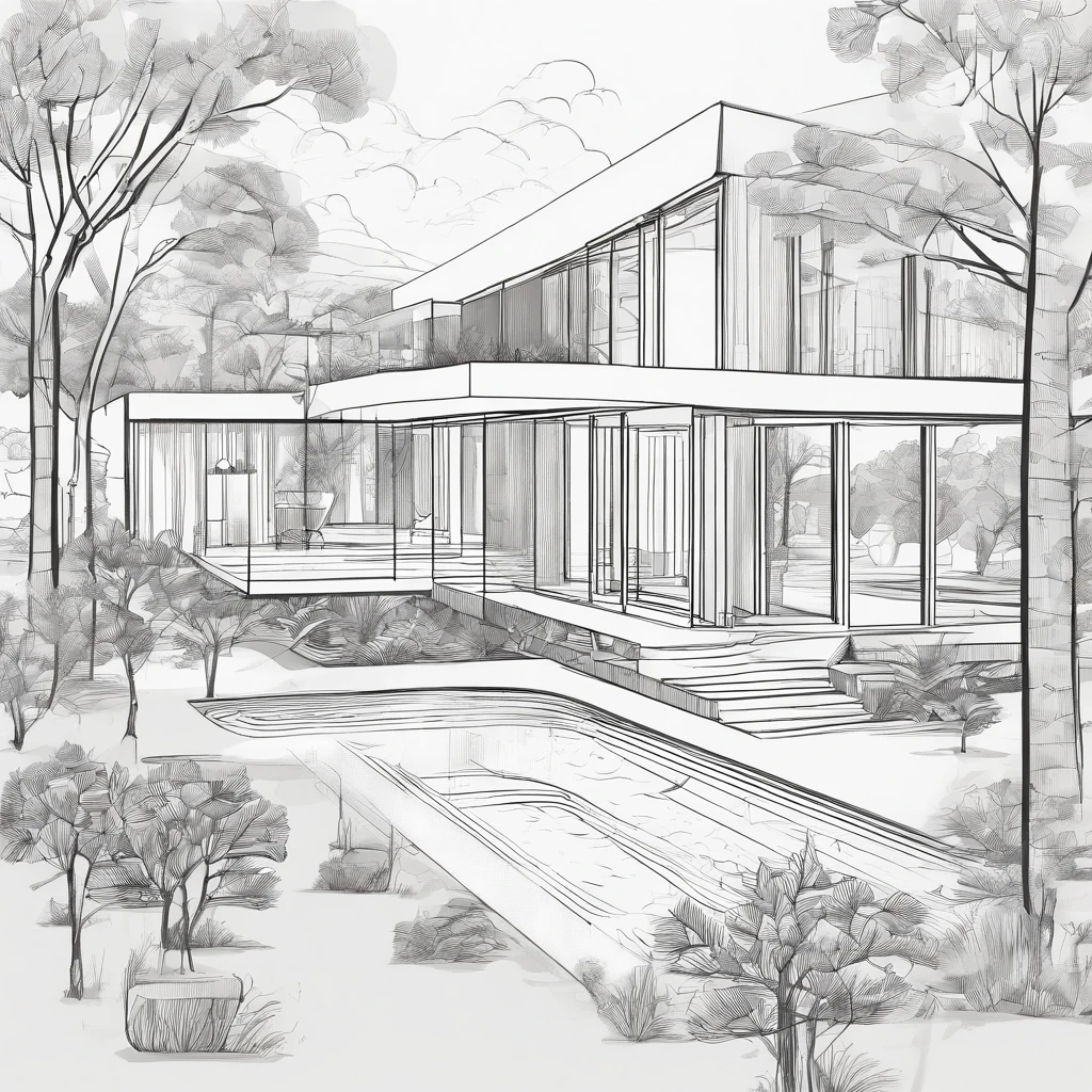 resort, modern style, lots of trees, landscape, combining white walls, glass and wood, sparkling
