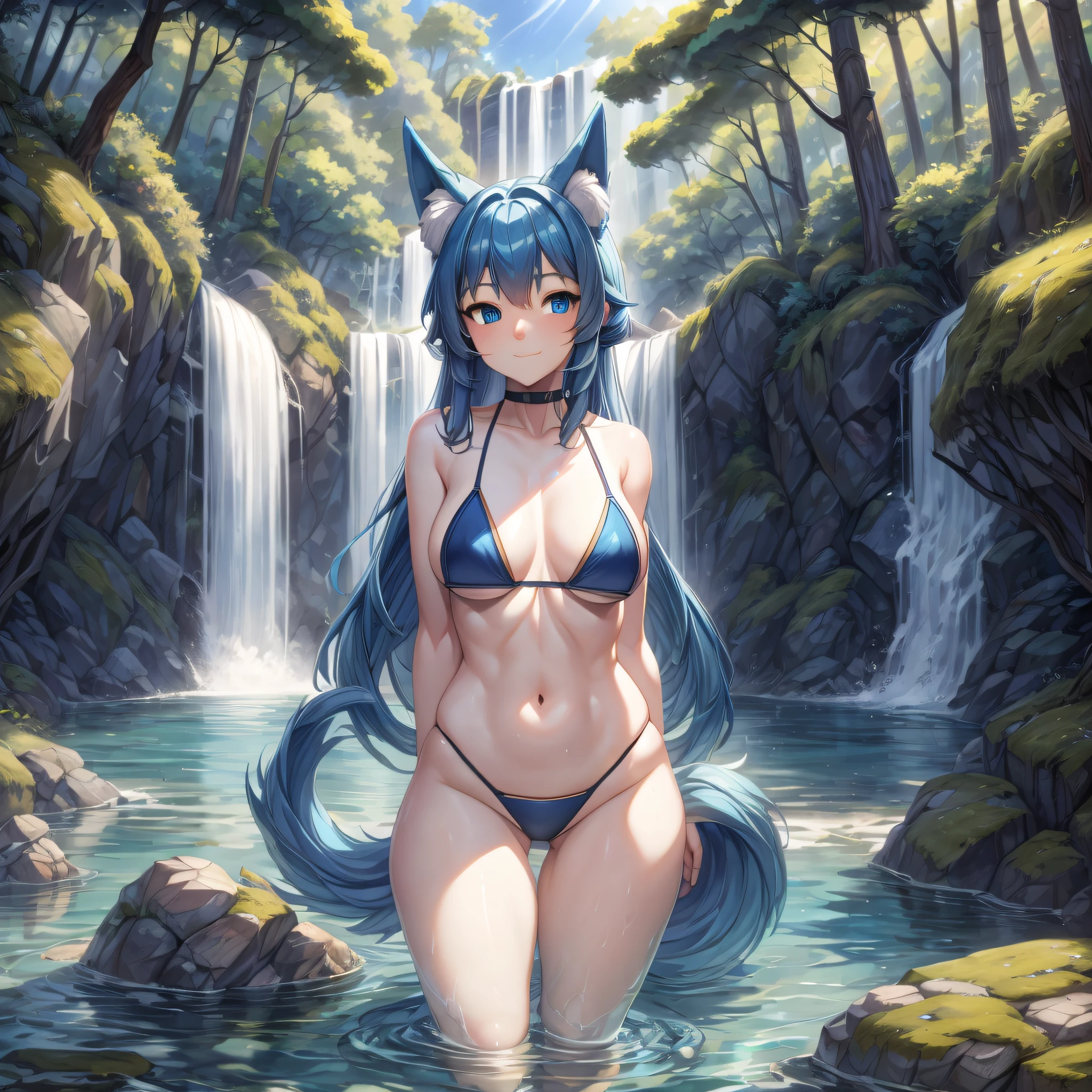 (Masterpiece) (High Detail) (High Res) A short humanoid girl with pale human skin and blue eyes and long blue hair and blue dog ears and a fluffy dog tail is stood in front of a waterfall, woodlands all around, a large pool. Panoramic view. Nature all around, moss, rocks, water, trees, tall trees, patchy sunshine. She is wearing a black bikini