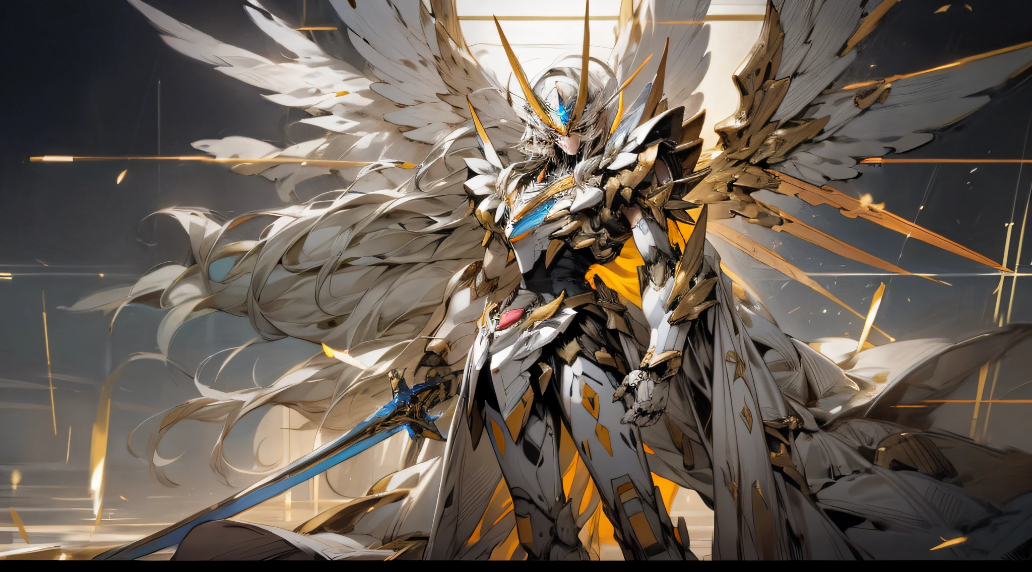 tmasterpiece, Best quality at best, high high quality, (afofuturism:1.1), (Cyberpunk costumes), 电影灯光, (Exquisite future), Beautifully and beautiful, ultra - detailed, The composition is great, floatking, depth of fields, (VerydetailedCG,Unity 8k壁纸), (Beautiful detail background), Beautiful hair details, dramatic lights, GOGETTA,white colors,white color mecha,best qualtiy,超高分辨率,Photorealistic and realistic,Beautiful wings,Metal wings,Steel wings,Luminous Great Sword,Hold the big sword horizontally,eyes glowing,Sideways photo,Lateral face,gold Saint Seiya limb armor, (cape), (dragon symbol: 1.5), (up to 00 Gundam Exia: 1.5), (mecha) (mechanical) (armor)