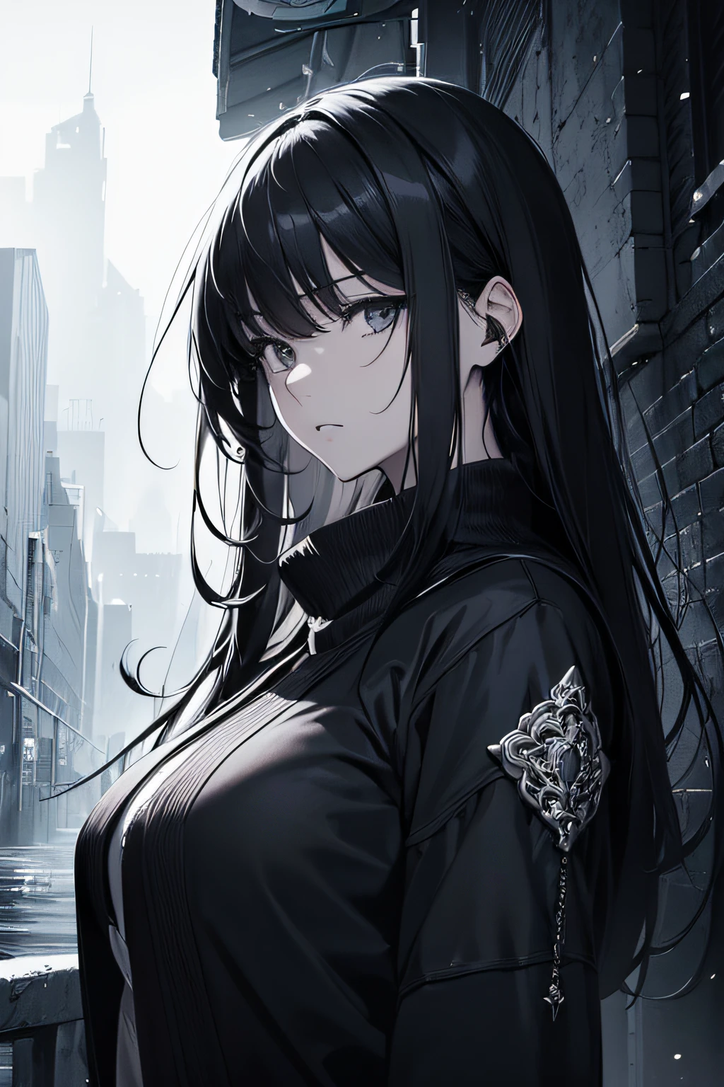 (best quality, hyper-detailed, masterpiece, beautiful image) digital art, manhwa art, 4k, anime, young adult, medium black hair, cold expression, melancholic, black and white clothes, dark background scenery, half the body up, masculine