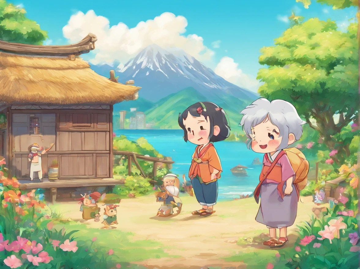 foot of the mountain,1 grandmother with gray hair, 3 men with black hair standing in front of the thatched hut