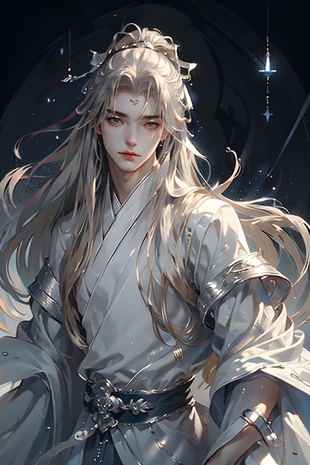 (extreamly delicate and beautiful:1.2), 8K, (tmasterpiece, best:1.0), , (LONG_silver_HAIR_MALE:1.5), Upper body body, a long_haired male, cool and seductive, evil_gaze, wears white hanfu, and intricate detailing, and intricate detailing, finely eye and detailed face, Perfect eyes, Equal eyes, Fantastic lights and shadows、white room background、 Uses backlight and rim light