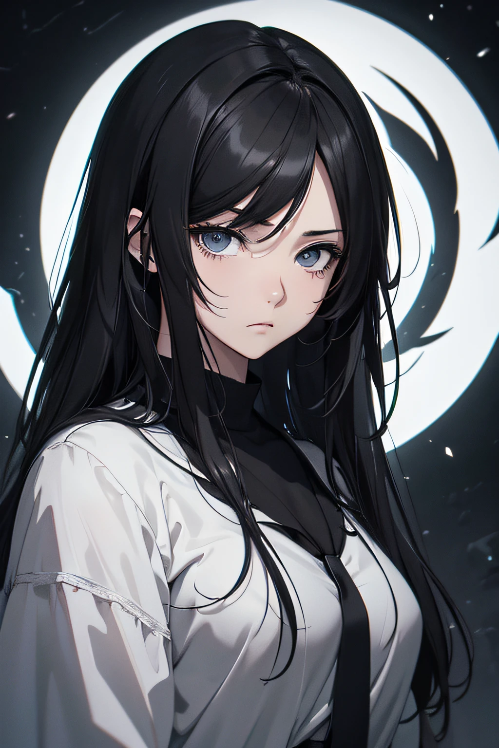 (best quality, hyper-detailed, masterpiece, beautiful image) digital art, manhwa art, 4k, anime, young adult, medium black hair, cold expression, melancholic, black and white clothes, dark background scenery, half the body up, masculine