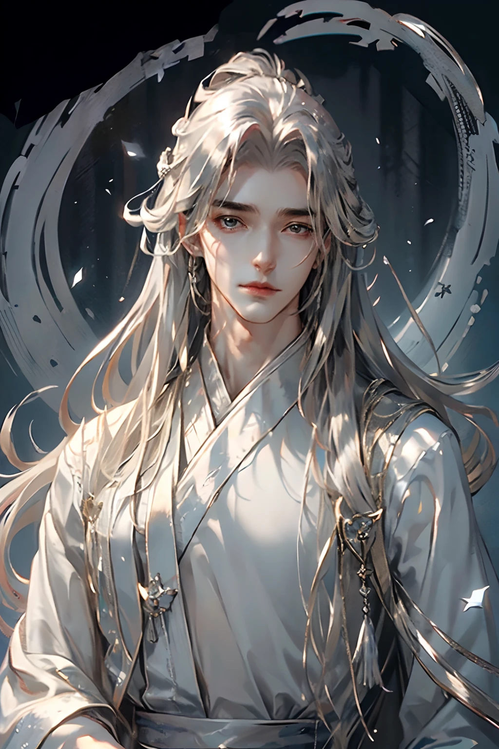 (extreamly delicate and beautiful:1.2), 8K, (tmasterpiece, best:1.0), , (LONG_silver_HAIR_MALE:1.5), Upper body body, a long_haired male, cool and seductive, evil_gaze, wears white hanfu, and intricate detailing, and intricate detailing, finely eye and detailed face, Perfect eyes, Equal eyes, Fantastic lights and shadows、white room background、 Uses backlight and rim light