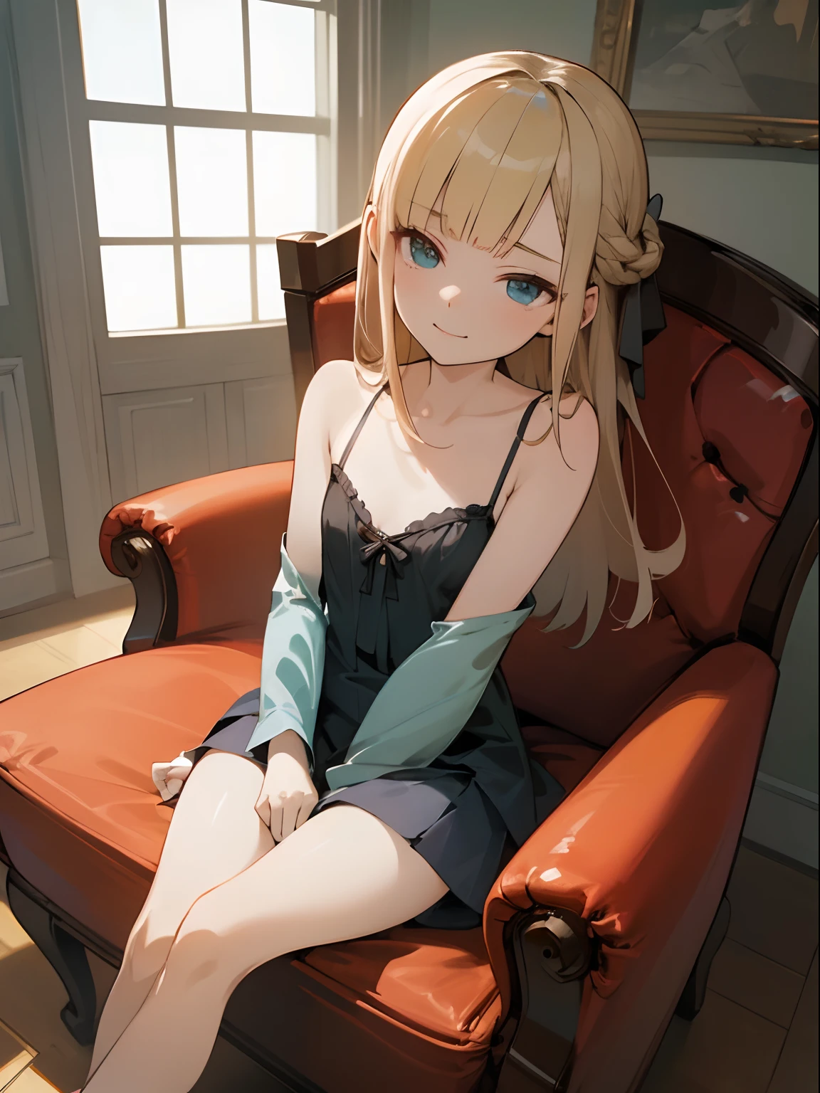 Reines, 1girl, high quality, best quality, illustration, masterpiece, (highly detailed:1.2), (extremely detailed:1.3), flat chest, bare shoulders, spaghetti straps, pajamas, young girl, short skirt, braid, petite, li, in a house, sitting on chair, detailed arms, innocent smile, selfie, specular lighting, moisturized skin