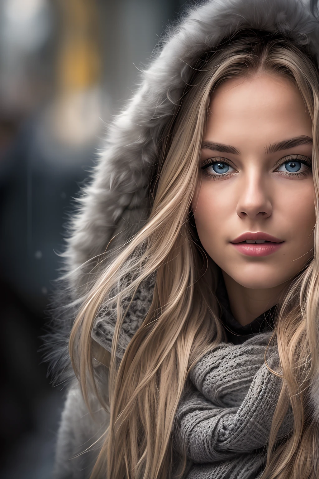 Professional portrait photo of a beautiful Norwegian girl in winter clothes with long wavy blond hair, Beautiful symmetrical face, elegante, warme Wintermodekleidung tragen, schneit, Zahn,ultrascharf, detailliertes Gesicht,
Atemberaubendes modernes urbanes Umfeld, ultra realistisch, Highly detailed, kompliziert, Scharfer Fokus, Depth of field, Mittlerer Schuss, HDR, 8K, PerfectEyes Augen, Hoher Kontrast