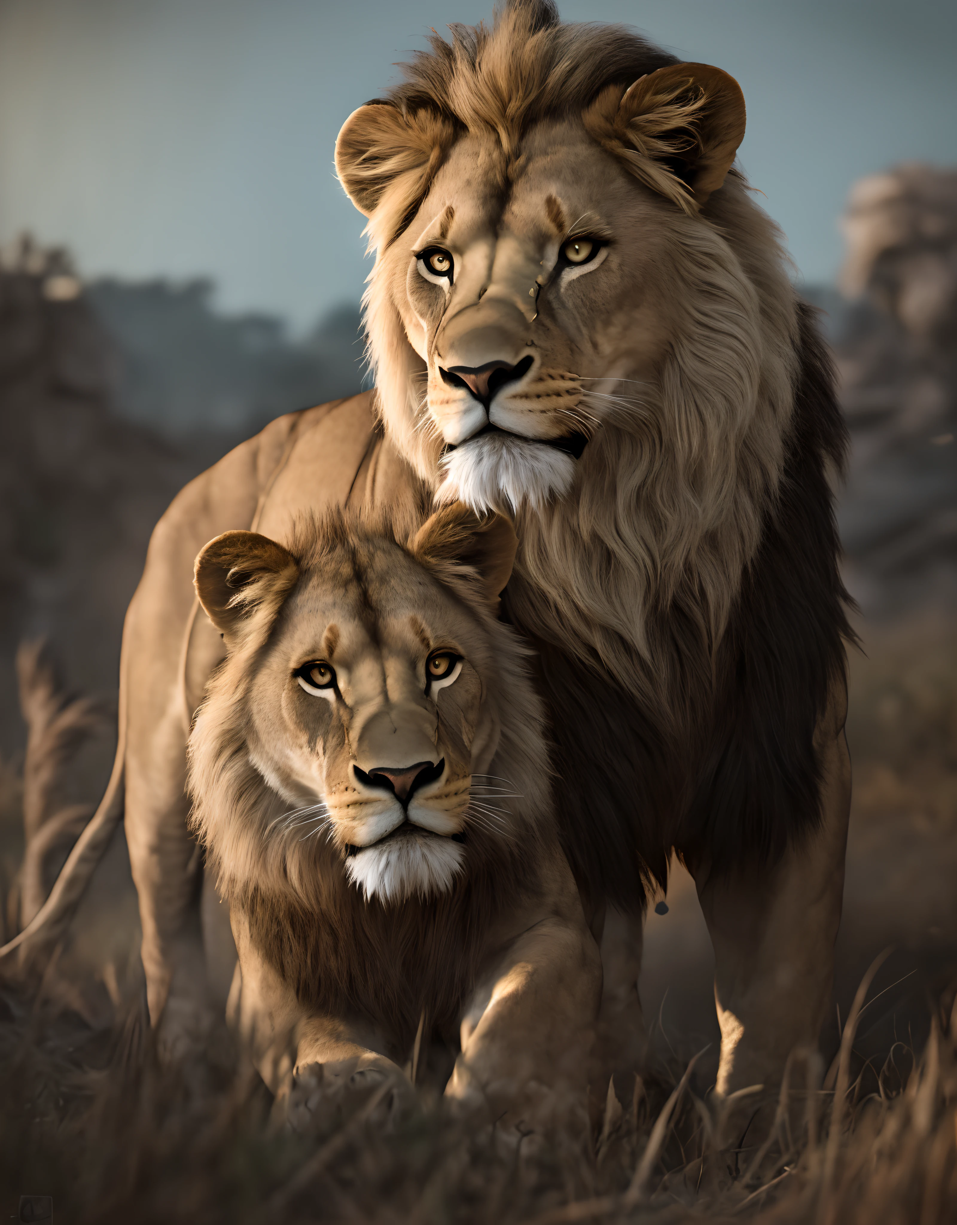 lion, lioness and little lion cub looking at camera, cinema style, detailed fur, savannah in the background, intricate, elegant, sharp focus, Photo taken by Greg Rutkowski, soft lighting, vibrant colors, (master piece), close up, quality 8k photo, intricate details, depth of field, Highly detailed ultra-realistic images:1.2), (photorealistic:1.2), with intricate details. (Background with lighting effects with light rays and light color power:1.2). ((cinematic photography, NFFSW, 8k)), ((full bodyesbian)), ((sharp focus:1.2)).