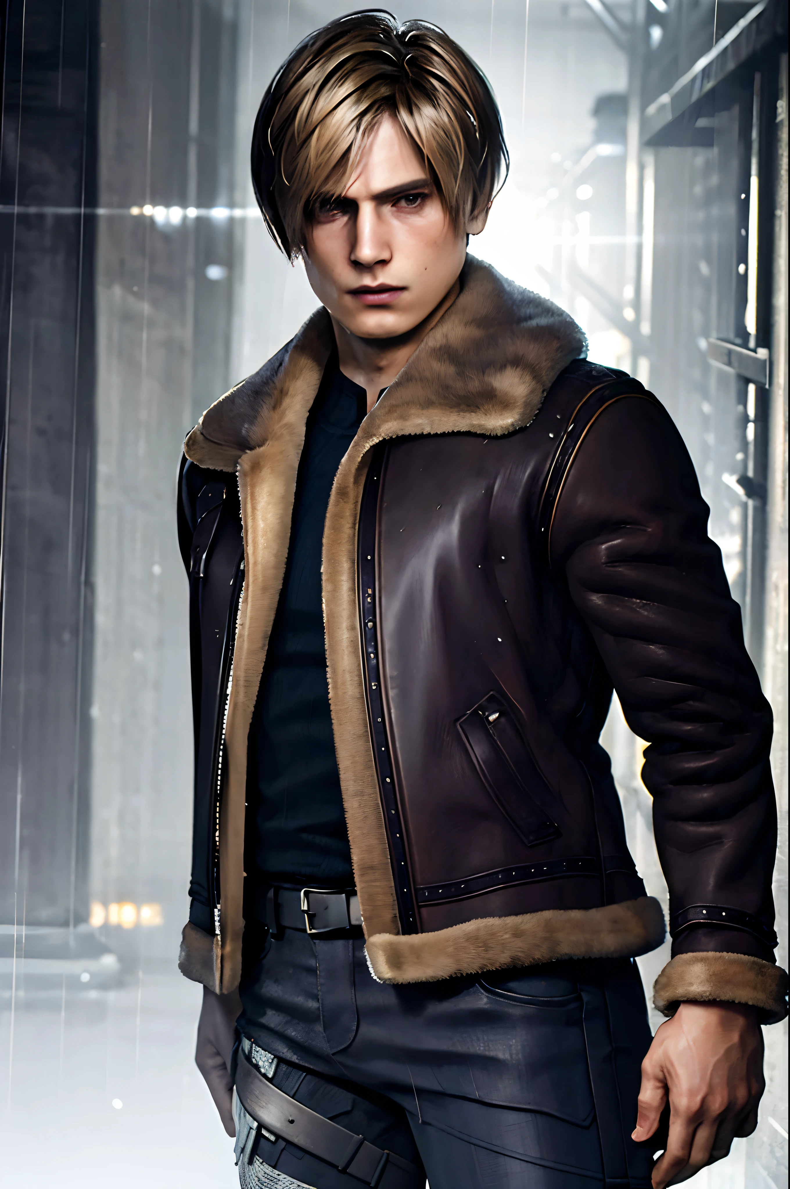 1boy, cowboy shot re4leon, leather jacket with fur trim, long sleeves, black jeans, standing on an empty street, rain, volumetric lighting, sporty, top quality, masterpiece, complex details, tone change, clear focus, over-detailed, trend on Artstation, viewer's view, realistic