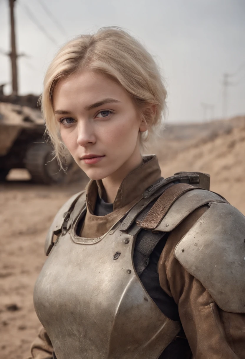 Russian girl ,Blonde Dirty Short Hair, dusty face, Dressed in the armor of the future, Against the backdrop of a desolate post-apocalypse, AR-16 rifle in hand, the wind, dust, Destroyed buildings, Skeletons of burnt cars, Oppressive atmosphere, Dirty skies, photo realism, Sharp focus, Human bones are scattered on the dusty ground, Lonely bushes,Fallout