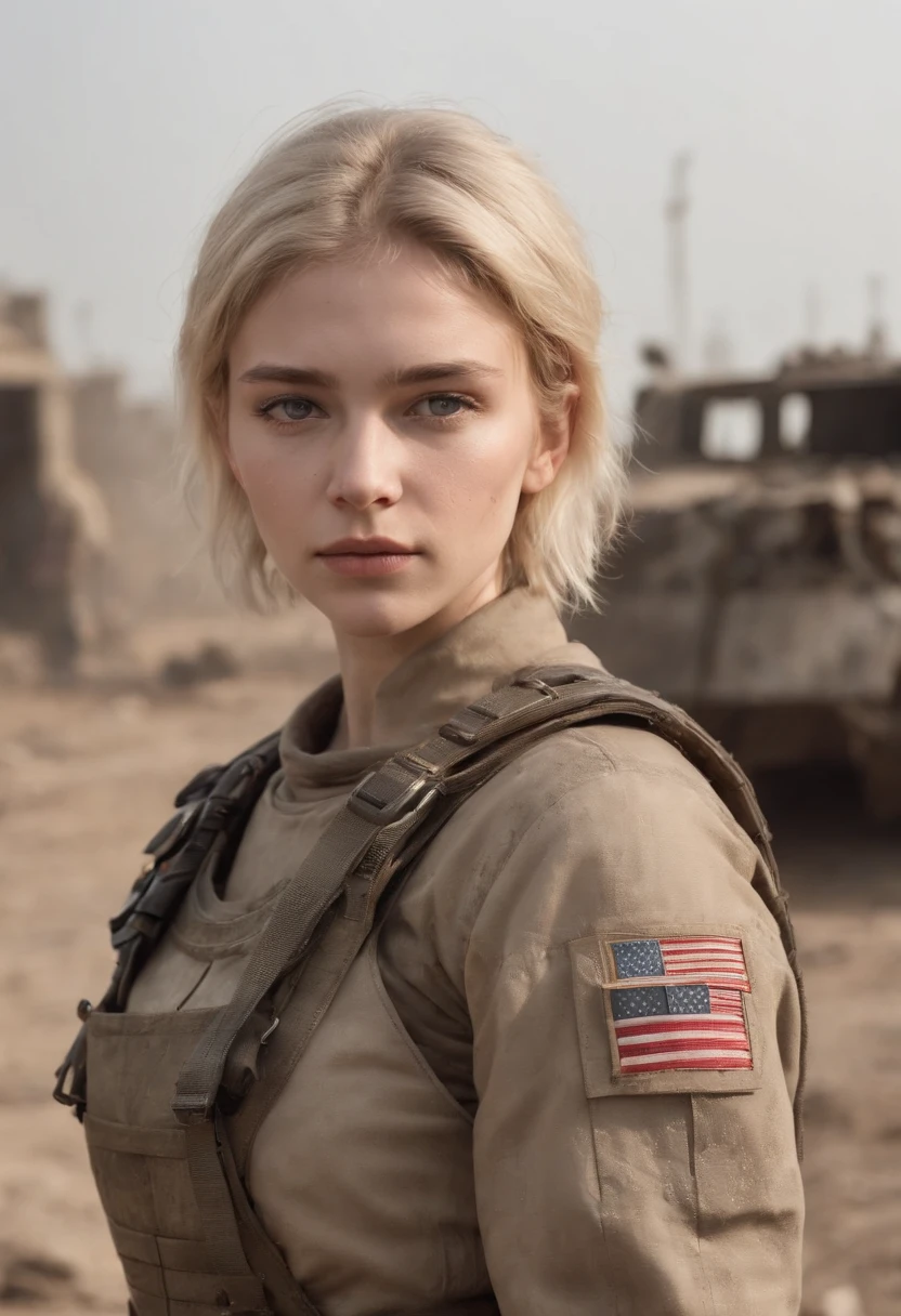 Russian girl ,Blonde Dirty Short Hair, dusty face, Dressed in the armor of the future, Against the backdrop of a desolate post-apocalypse, AR-16 rifle in hand, the wind, dust, Destroyed buildings, Skeletons of burnt cars, Oppressive atmosphere, Dirty skies, photo realism, Sharp focus, Human bones are scattered on the dusty ground, Lonely bushes,Fallout,Photo 3/4,Realistic Facial Skin, Dust on clothes,