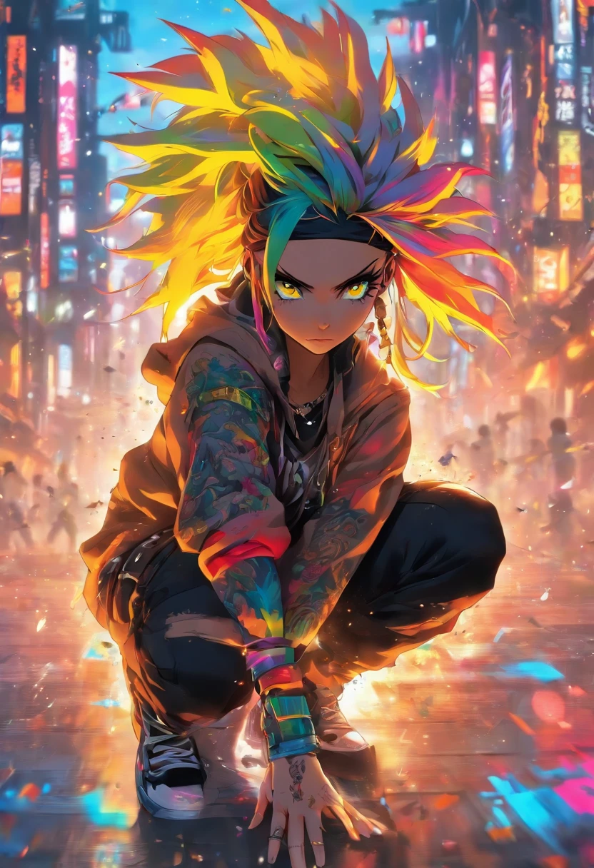 The most beautiful and attractive ninja girl, rainbow hair, yellow eyes, wearing a hoodie, graphic t-shirt, torn jeans and very detailed ninja equipment, thousands of tattoos and piercings, detailed background, excellent masterpiece, high quality, quality Top