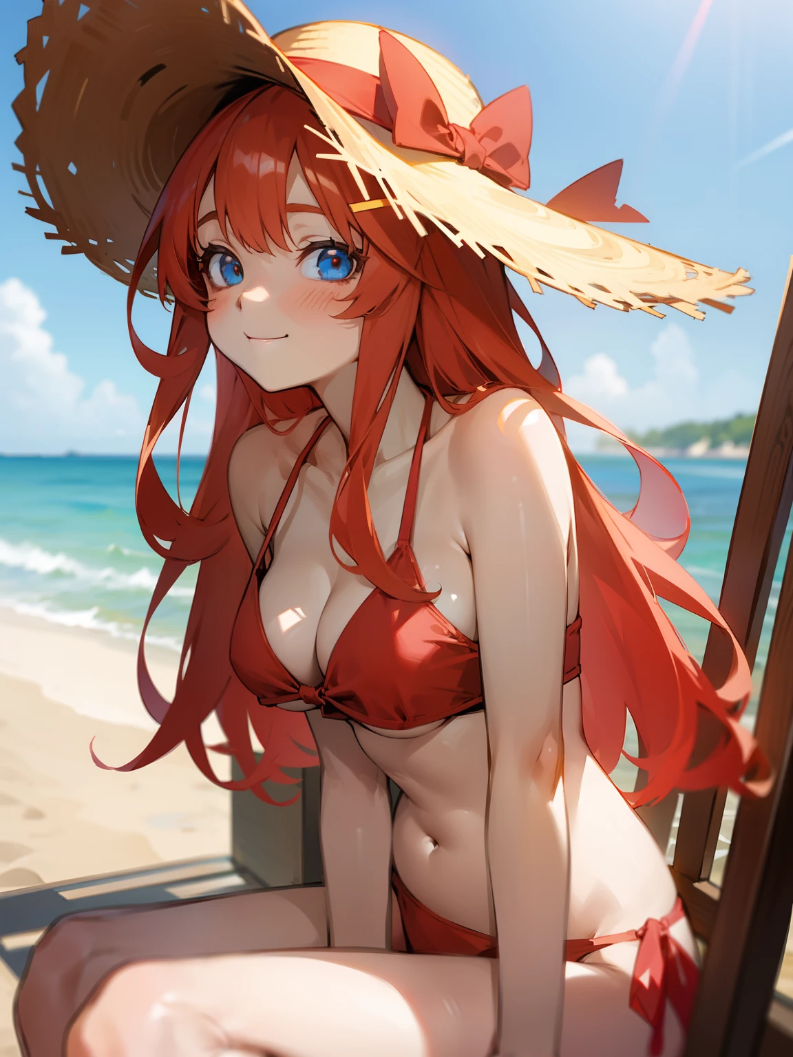 1girl, Anime girl with long hair, anime moe art style, Anime visuals of cute girls, Anime Best Girl, itsuki nakano fanart, pretty anime girl, Smooth Anime CG Art, Seductive Anime Girl, charming anime girls, Cute anime girl, Shining eyes, big boobs, ((looking at viewer)), (((((happy))))), close up, red hair, blue eyes, (((red bikini))), beach, ahago, ((straw hat)), ((sitting)), sun, sunlight, beach, seaside, beach chair, chubby