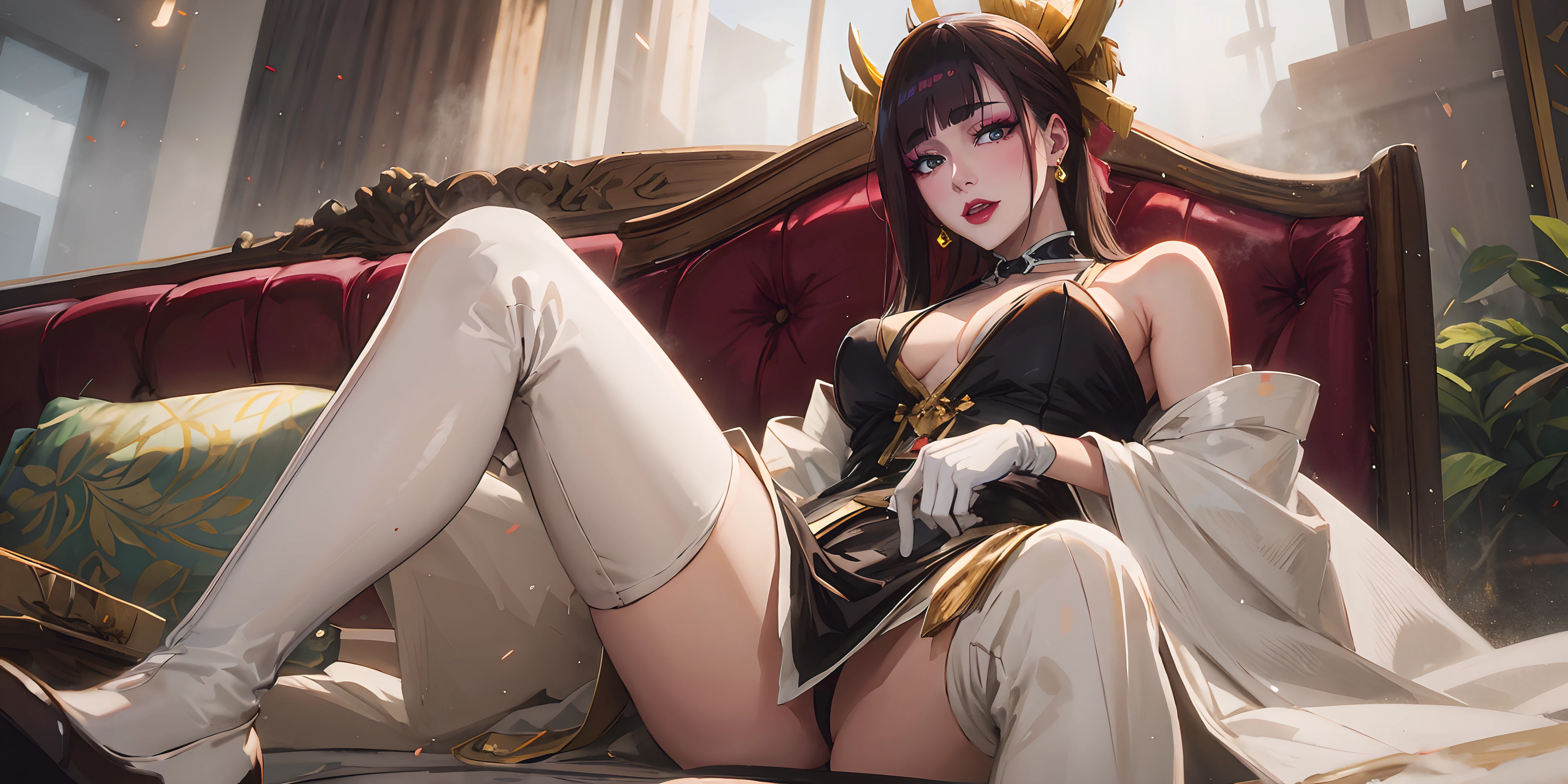 senjumaru shutara, (long hair, bangs, blunt bangs, black hair, sidelocks:1.5), (black eyes:1.5), makeup, lipstick, red lipstick, breasts, epic art, fantasy, gloves, white_gloves, indoors, 1girl, breasts, thighhighs, sitting, looking_at_viewer, dress, jewelry, solo, large_breasts, bare_shoulders, high_heels, earrings, thighs, glow effects, godrays, Hand drawn, render, 8k, octane render, cinema 4d, blender, dark, atmospheric 4k ultra detailed, cinematic, Sharp focus, big depth of field, Masterpiece, colors, 3d octane render, 4k, concept art, trending on artstation, hyperrealistic, Vivid colors, extremely detailed CG unity 8k wallpaper, trending on CGSociety, Intricate, High Detail, dramatic, anime coloring, anime screencap, steaming body, fog, heavy breathing, nsfw art,