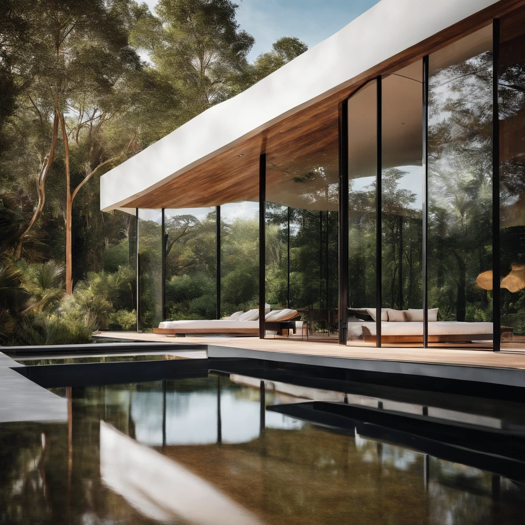 resort, modern style, lots of trees, landscape, combining white walls, glass and wood, shimmering, created with straight lines