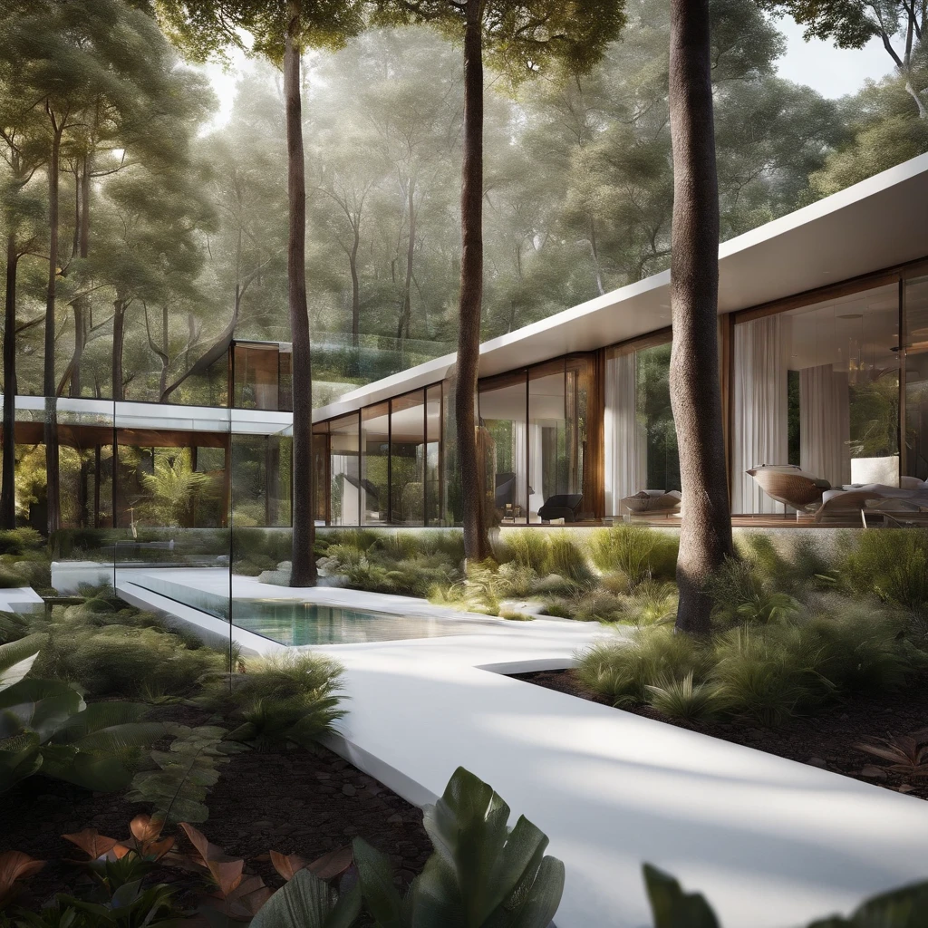 resort, modern style, lots of trees, landscape, combining white walls, glass and wood, shimmering, created with straight lines