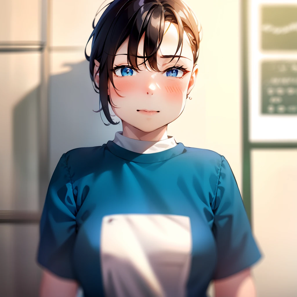 One Cute Girl,White camisole,Face Focus,NFSW,鎖骨,sky blue short hair,Cute shin eyes,small nose,Light pink lip,Best Quality, masutepiece, Flat Avatar,(colourfull、vivd colour: 1.4), Japan people's smiles,Spotlight,simple background,Flat Avatar, simple background,