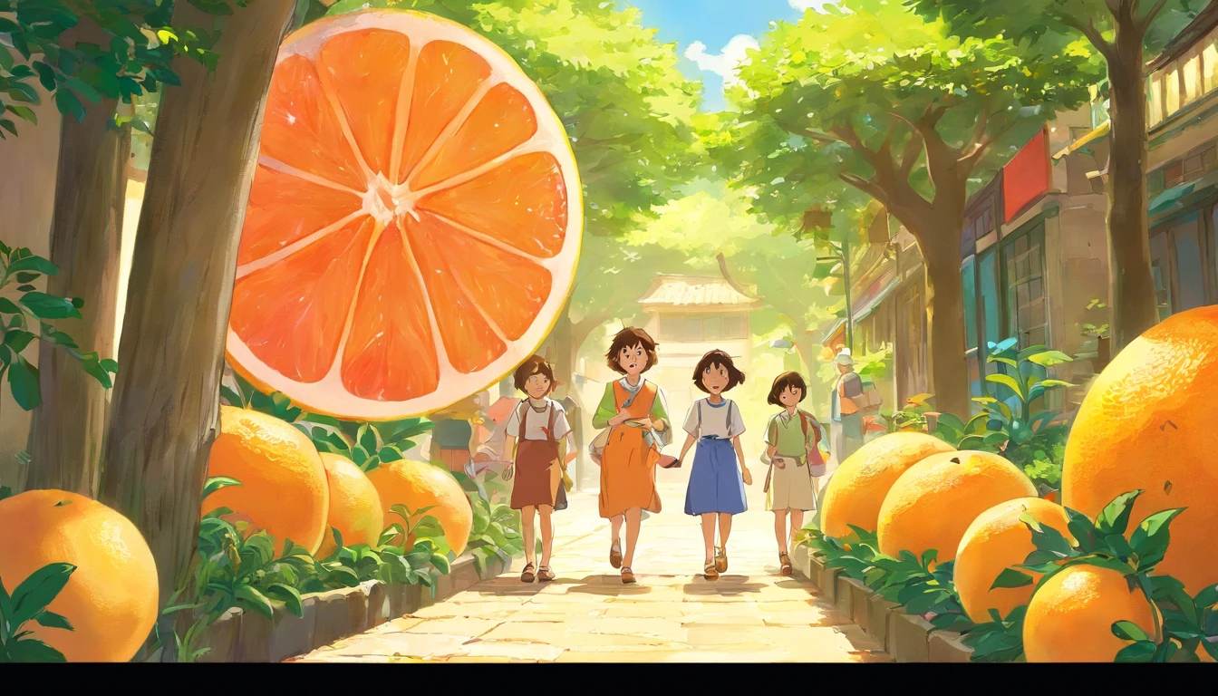 Sunny morning,Look at it from afar,Lovely teacher took the children out to buy grapefruit,Everyone was happy,The children had joyful smiles on their faces,A harmonious illustration,The whole picture seems to be warmed up by orange rendering