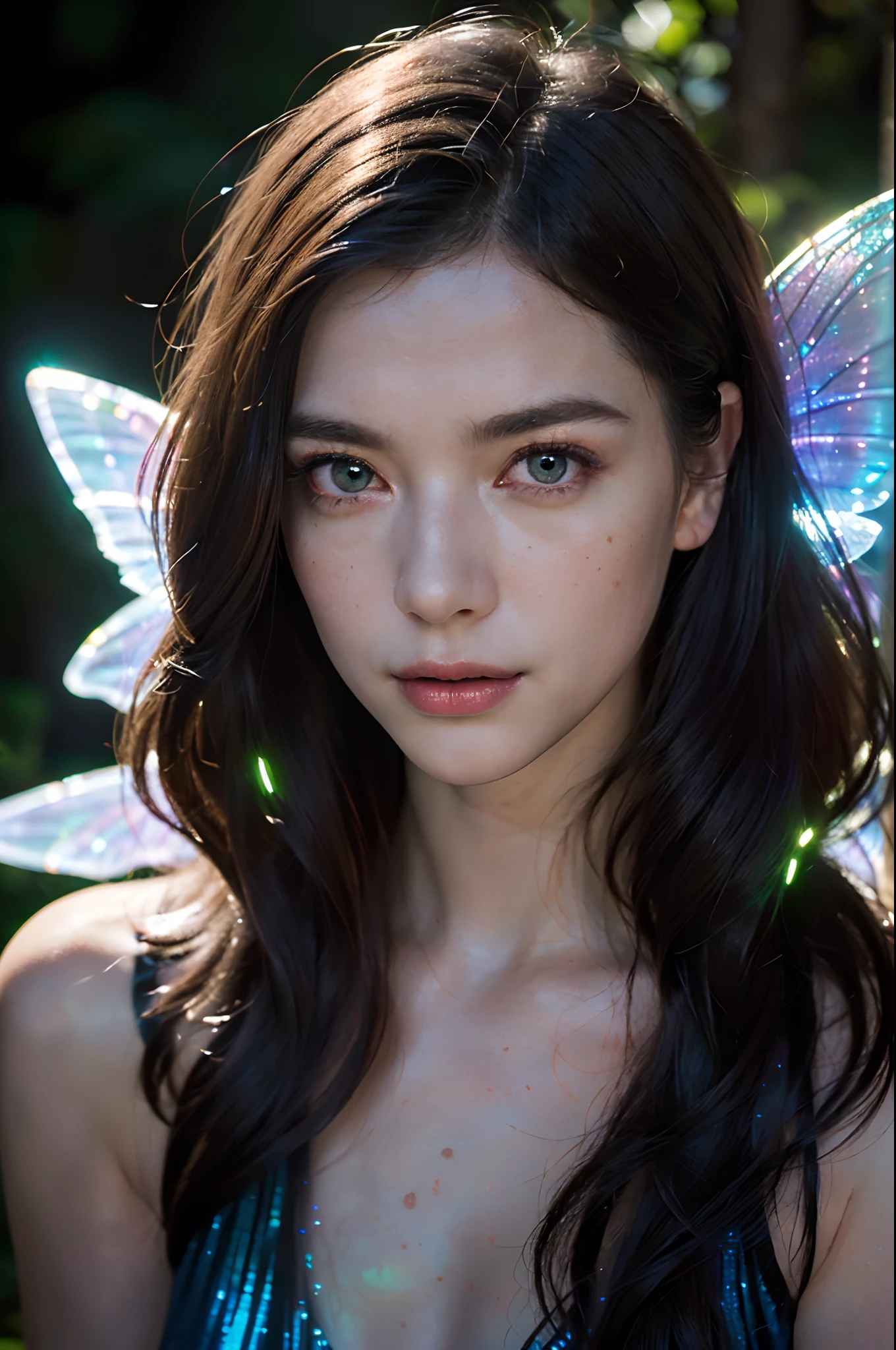 roseleslie woman as a fairy,(highly detailed:1.2),(best quality:1.2),(8k:1.2),sharp focus,(subsurface scattering:1.1),award-winning photograph,professional portrait photography,(close shot:1.1) (glowing bioluminescent forest:1.2),iridescent fairy wings,sultry expression (very detailed background:1.2),(magical fantasy:1.0), (knollingcase:1.1),(analog style:1.1),(modelshoot style:1.2),dramatic lighting