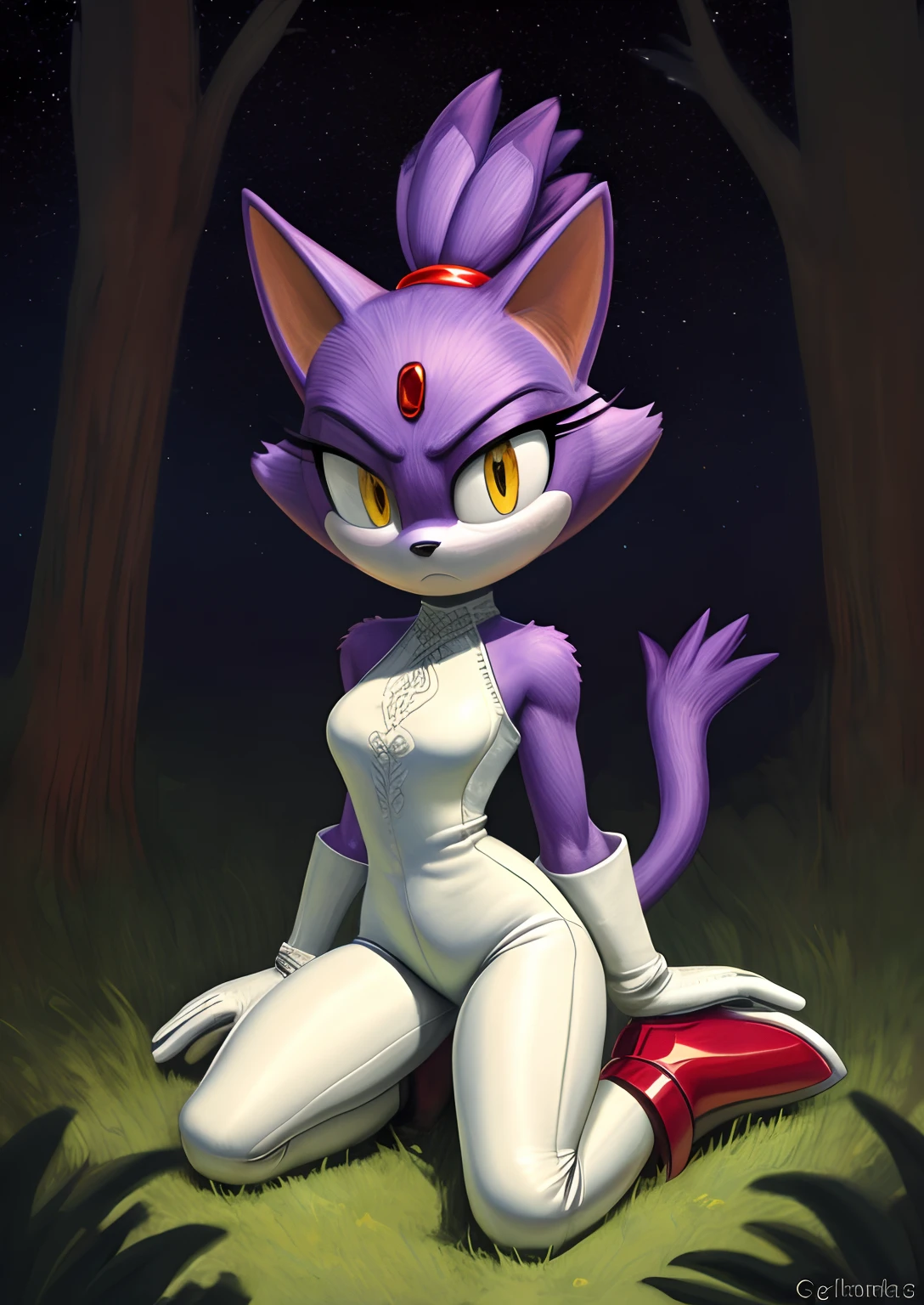 [Blaze the cat], [Uploaded to e621.net; (Pixelsketcher), (wamudraws), (napalm_express)], ((masterpiece)), ((HD)), ((High Quality)), ((furry)), ((solo portrait)), ((front view)), ((full body)), ((detailed fur)), ((detailed shading)), ((cel shading)), ((beautiful render art)), ((intricate details)), {anthro, (slim figure), purple fur, black nose, cat ears, (cute yellow eyes), (red gem on forehead), long tail, (tied-up hair), (small boobs), (gorgeous hips), (beautiful legs), (expressionless), (frown)}, {(white bodysuit), (tight white spandex leggings), (white fluff-lined gloves), (red-pink fluff-lined boots), (heels)}, {(on grass), (kneeling), (on knee), (looking ahead)}, [background; (forest), (spruce trees), (nighttime), (starry sky), (ambient lighting)]