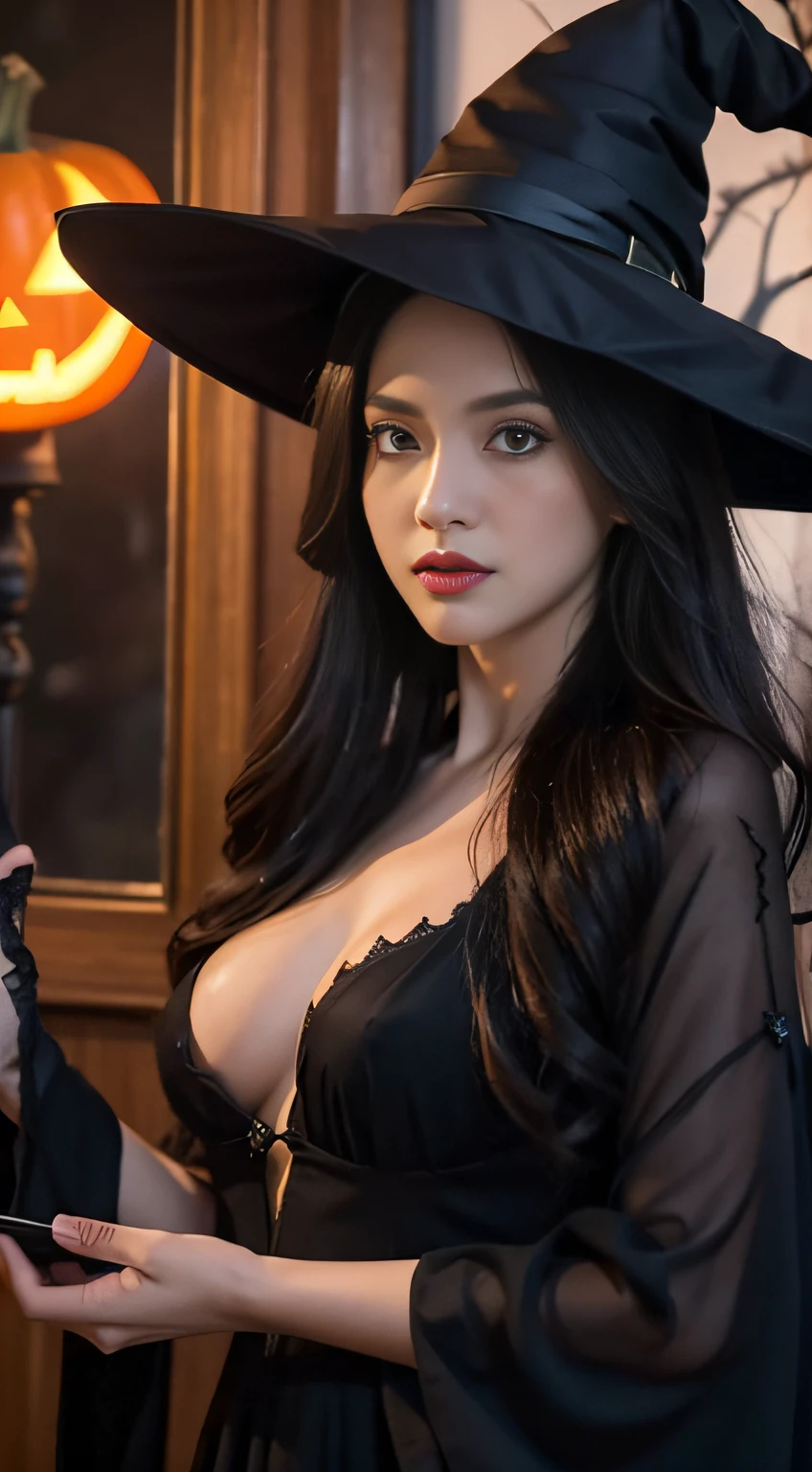 1young girl,(sexy witch costume:1.2),spooky Halloween decorated house,ultra-detailed,realistic:1.2,sharp focus,vivid colors,studio lighting,horror,portrait,mysterious atmosphere,glowing pumpkins,creepy spiders,witch hat,scary mask,haunted furniture,dark and eerie shadows,moonlight streaming through the windows,ghostly apparitions,witch broom,foggy ambiance,witch cauldron,bats flying in the background,spiderweb-covered walls,magic spellbook,orange and black color scheme,mysterious girl's eyes piercing through the darkness,mix4, full body, big breasts
