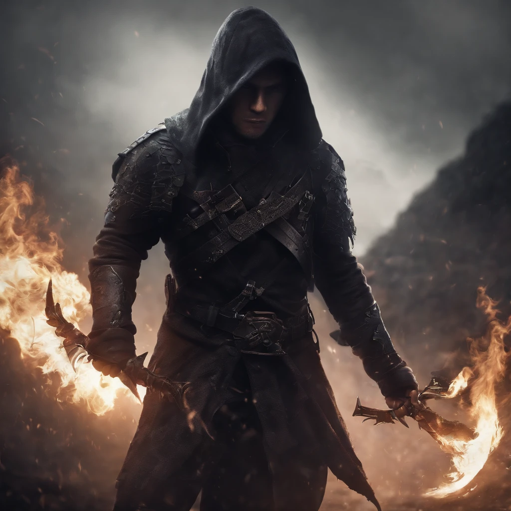 Anime boy,Wearing a hoodie,holding daggers,battle pose,highest quality digital art, surrounded by shadow warrios,black and purple,dark,shadow master, Stunning art, wallpaper 4k,8k,64k, HD, unparalleled masterpiece, dynamic lighting, cinematic, epic