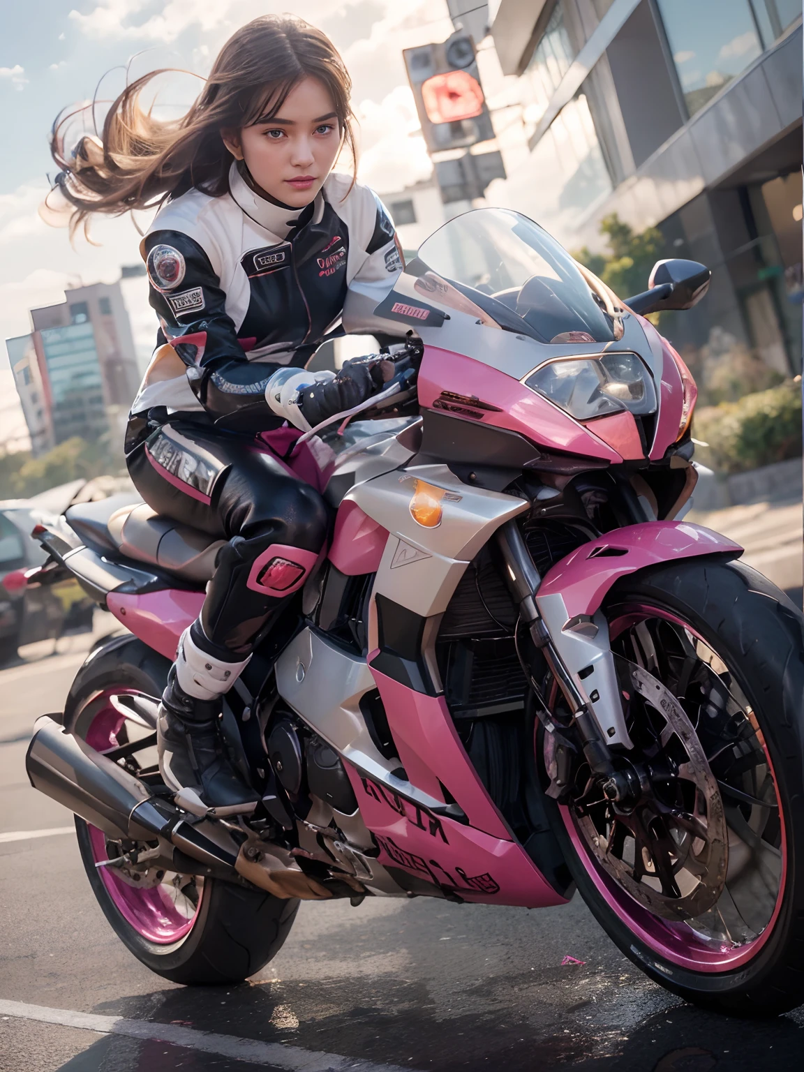 Highest image quality, outstanding details, ultra-high resolution, (realism: 1.4), the best illustration, favor details, highly condensed 1girl, with a delicate and beautiful face, dressed in a black and fuschia mecha, wearing a mecha helmet, holding a directional controller, riding on a motorcycle, the background is a high-tech lighting scene of the future city.