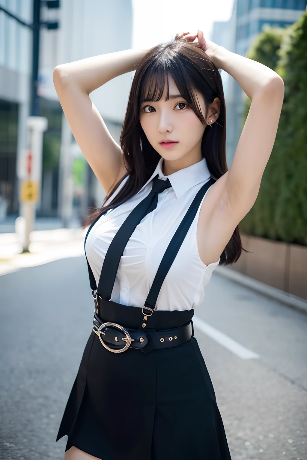 (masutepiece:1.2),High quality,vivd colour,flat-colors,Deep Depth Of Field,Lens Flare,1 girl,Black hair,eyecontact,Suit,Collared shirt,Belt bag,suspenders,Professional,Office Lady,Mature Women,Black mini skirt garterbelts knee high Stockings Black Niso Colorcon armpit sweat perspiring Side of both hands,Black jacket,Gaze,ample bosom,Armpit sweat,Exposing the armpits"Pichi Pichi clothes