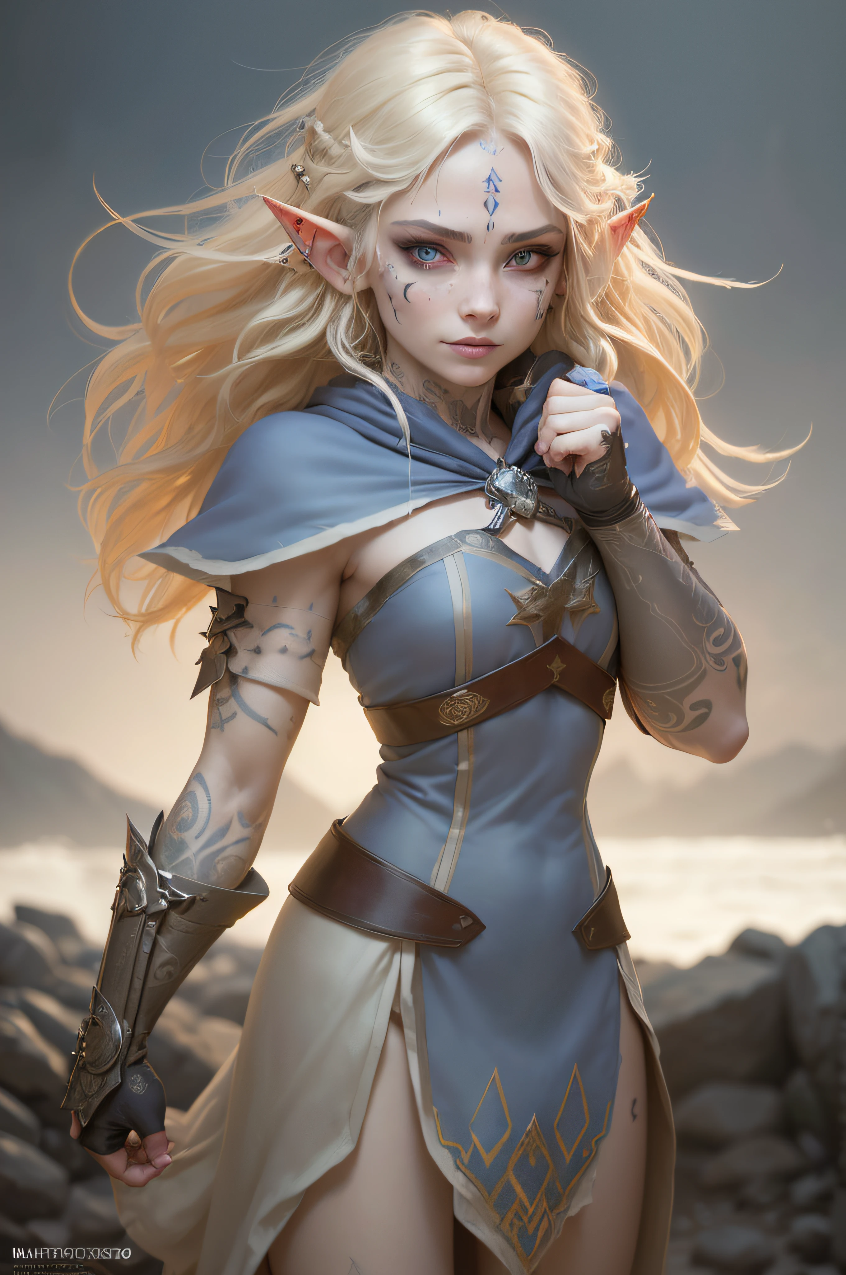 (wearing Mantle of Spell Resistance), (wearing white silk robe), ((rune tattoos)), ((Face tattoos)), ((fix tattoos)), ((real tattoos)), ((magic glowing dust in background)), ((magic black dust)), detailed elf druid girl, petite slim body, (smirk:1.1), (nose blush:1.1), (big blue eyes:1.1), (blond hair:1.1), beautiful detailed face, messy hair, cinematic lighting, shot on canon 5d, Greg Rutkowski,