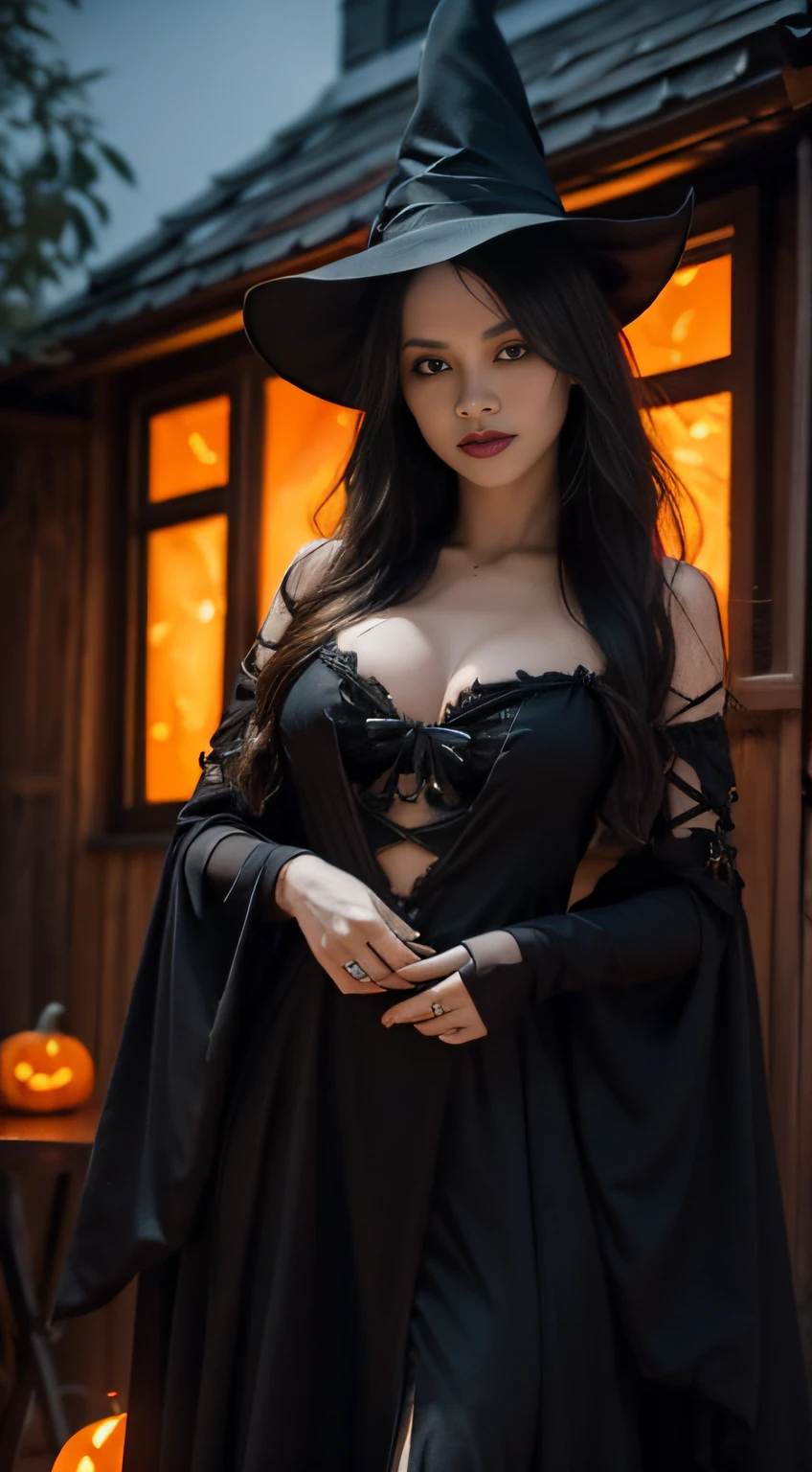1young girl,(sexy witch costume:1.2),spooky Halloween decorated house,ultra-detailed,realistic:1.2,sharp focus,vivid colors,studio lighting,horror,portrait,mysterious atmosphere,glowing pumpkins,creepy spiders,witch hat,scary mask,haunted furniture,dark and eerie shadows,moonlight streaming through the windows,ghostly apparitions,witch broom,foggy ambiance,witch cauldron,bats flying in the background,spiderweb-covered walls,magic spellbook,orange and black color scheme,mysterious girl's eyes piercing through the darkness,mix4, full body, big breasts