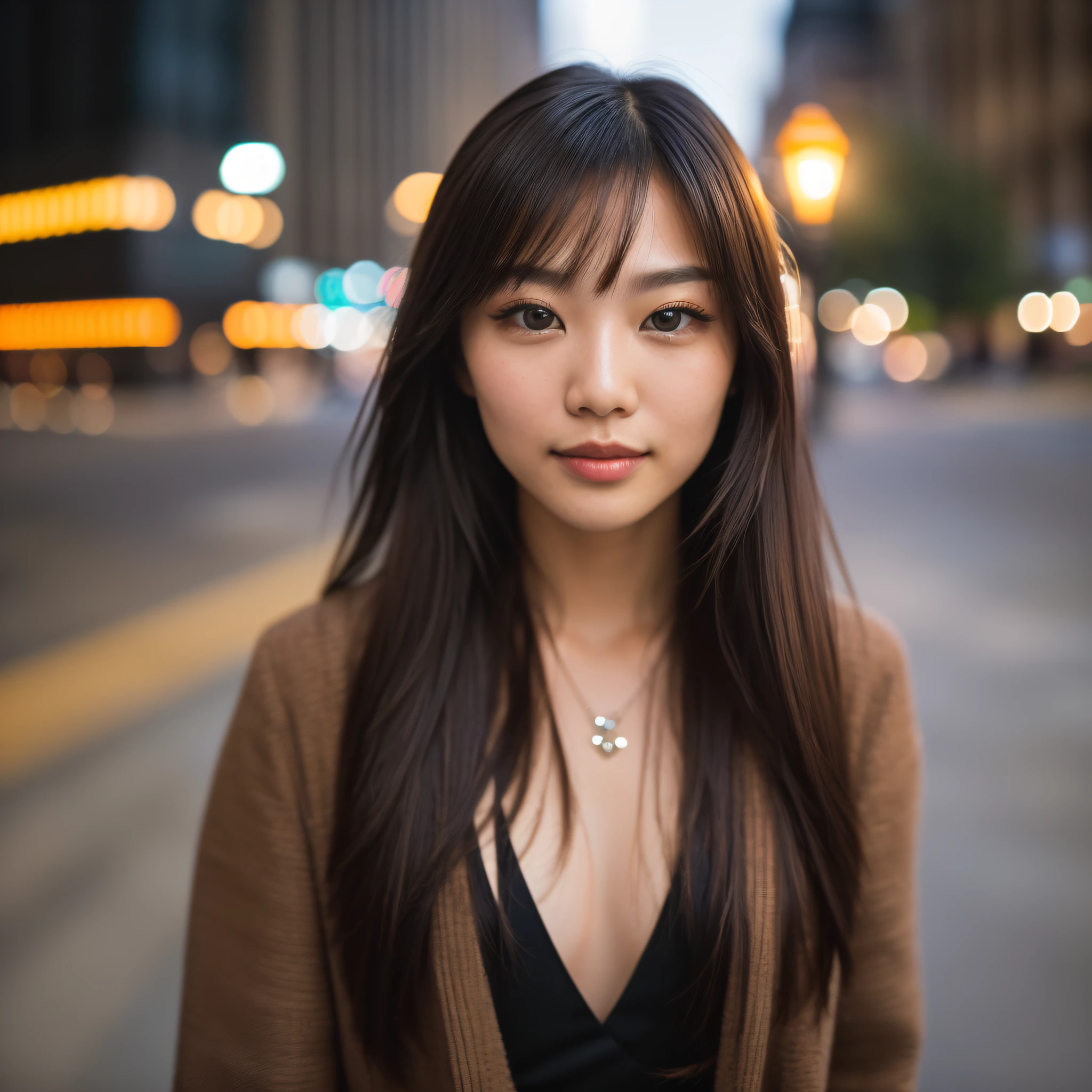(selfie, top view: 1.4), (straight half of the body: 1.4), RAW UHD portrait photo of a 25-year-old Chinese (brown-eyed woman) city during daytime, (skirt), (neckline), details (textures! , hair! , glitter, color!! , disadvantages: 1.1), glossy eyes with high detail (looking at the camera), SLR lighting, SLR camera, ultra-quality, sharpness, depth of field, film grain (center), Fujifilm XT3, crystal clear, frame center, beautiful face, sharp focus, street lamp, bokeh, detailed skin pores, complex eye details, close up half body