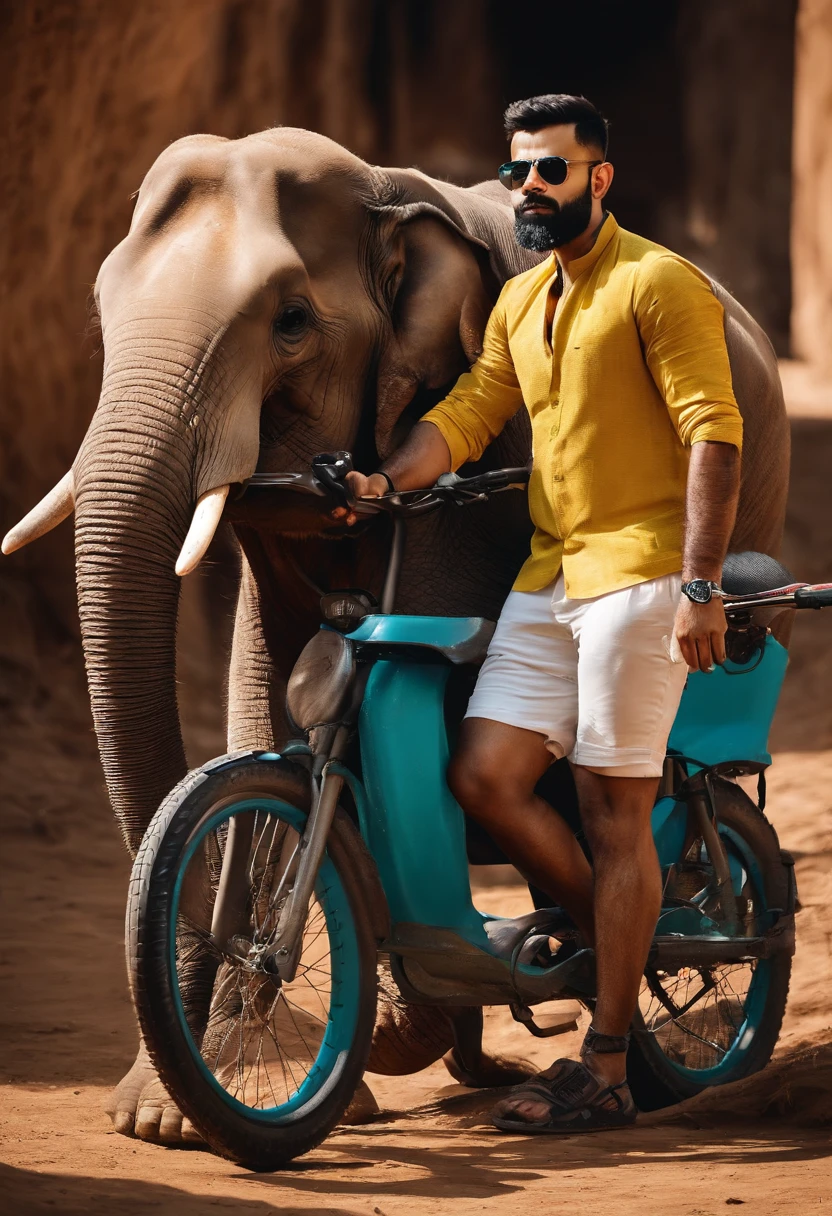 Virat kohli standing behind baby elephant with bike