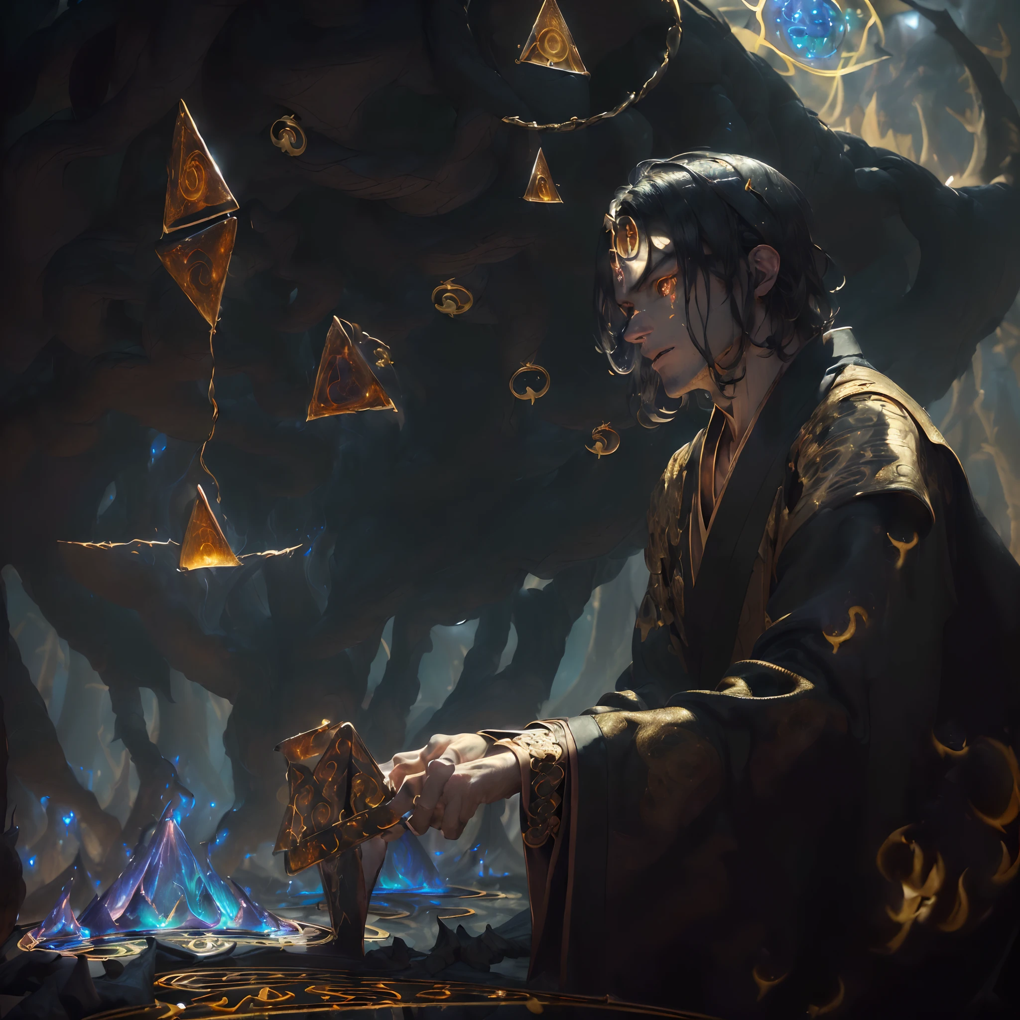 (absurdres, highres, ultra detailed), 1MALE (masterpiece) (extreamly delicate and beautiful:1.2), 8K, (tmasterpiece, best:1.0) (absurd detailed) ( (Handsome MALE:1.5) ((prepareing summoning magical ritual:1.5)) ((Summoning glowing golden magical runes in air:1.3)), (ancient black hanfu witht red ornates), (dark night) (DETAILED BACKGROUND) ((dark sanctuary background with fireflames in ember-braziers:1.3)) (Summoning_Pose:1.5) (Gorgeous hyperdetailed face:1.3) (Detailed perfect symmetrical eyes:1.5) (golden_glowing_eyes:1.5) (Evil_definite_gaze to camera:1.5) epic ethereal atmosphere, updraft,, portrait