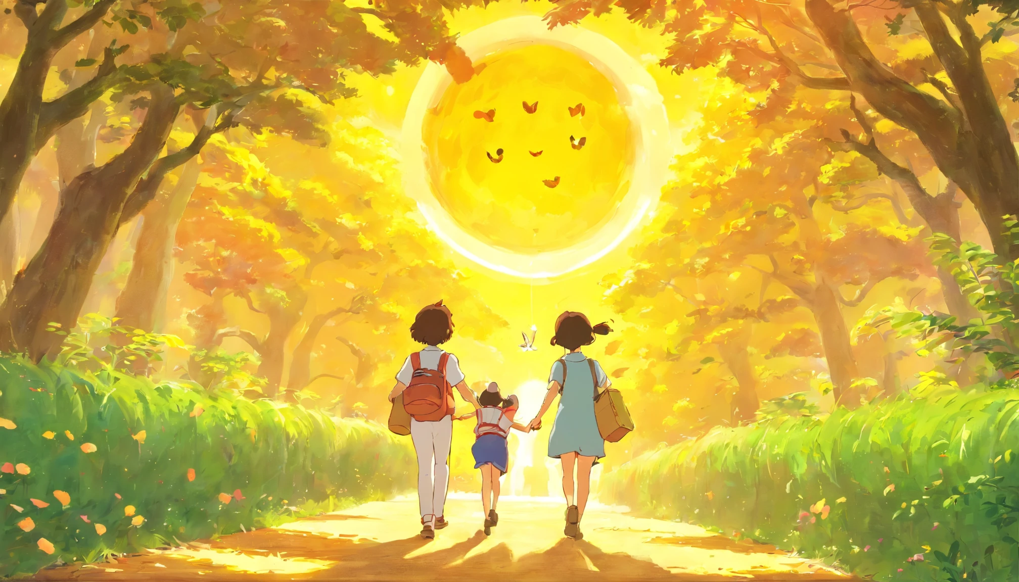 Sunny morning，Look at it from afar，Lovely teacher took the children out to buy grapefruit，Everyone was happy，The children had joyful smiles on their faces，A harmonious illustration，The whole picture seems to be warmed up by orange rendering