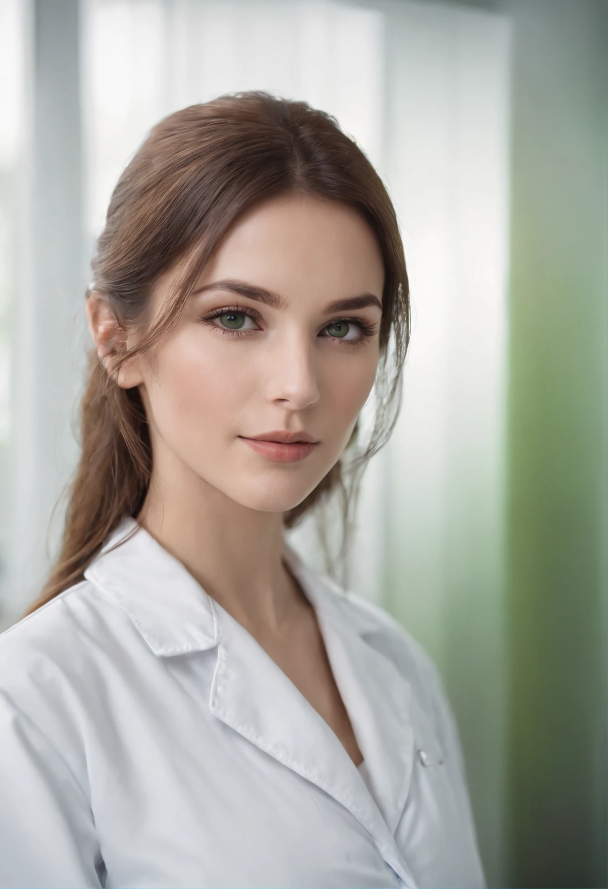 A doctor looks at the camera at the viewer. She is wearing a white medical coat. Her hair is soft and long, chestnut brown. Her eyes are beautiful green. Her features are sexy and attractive.A doctor looks at the camera at the viewer. She is wearing a white medical coat. Her hair is soft and long, chestnut brown. Her eyes are beautiful green. Her features are sexy and attractive.