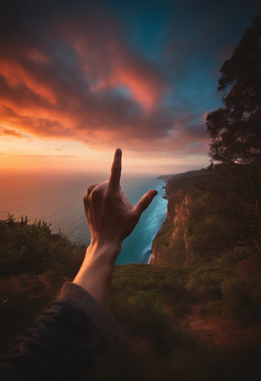 Giant hand pointing to the horizon
