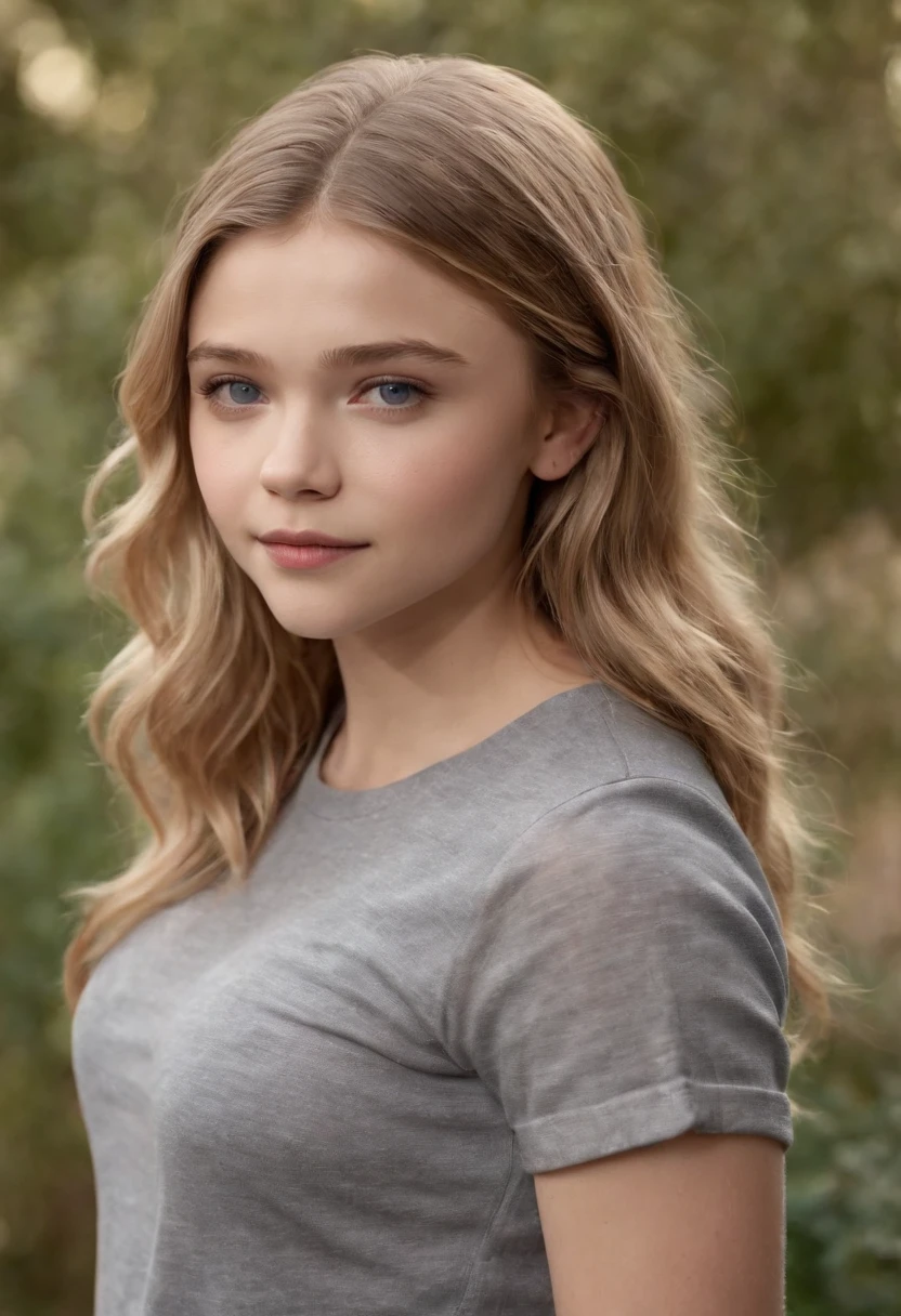 Chloe Grace Moretz, 15 years old, teenager, blue eyes, Light brown hair, Wearing a gray T-shirt., Wear jeans.