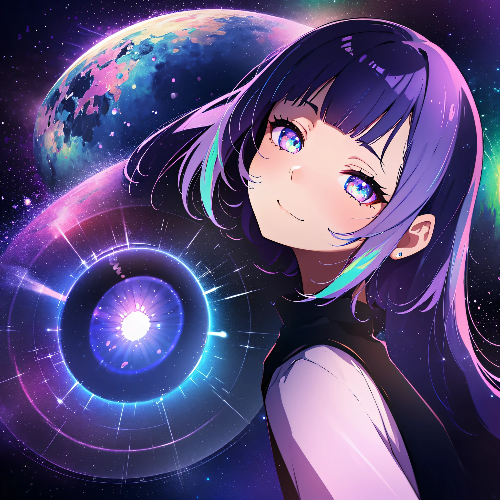 (masutepiece:1.3), (Best Quality:1.3), High resolution, Couboy Shot, on  back, Sleeping, (One Cute Girl:1.3), Solo, White skin、 huge smile、Angel Ring、eight-headed person, Purple hair, (bobhair:1.2), Mixed mesh and light blue、Short hair, (Blunt bangs:1.2), Beautiful hair, Eyes are purple, Miraculous Eye、Beautiful detailed eyes, ultradetailed eyes、Glitter eyes、octans,cloud,from the rear、Colorful starry sky,Stars,Iridescent aura around the eyes、Squat position、thrust out one's hip、Iridescent eyes、Narrowed eyes sucked in,Wearing a rainbow-colored aura from the whole body、purpleish color, Outdoors, Purple background, Shadow lighting,perfectbody