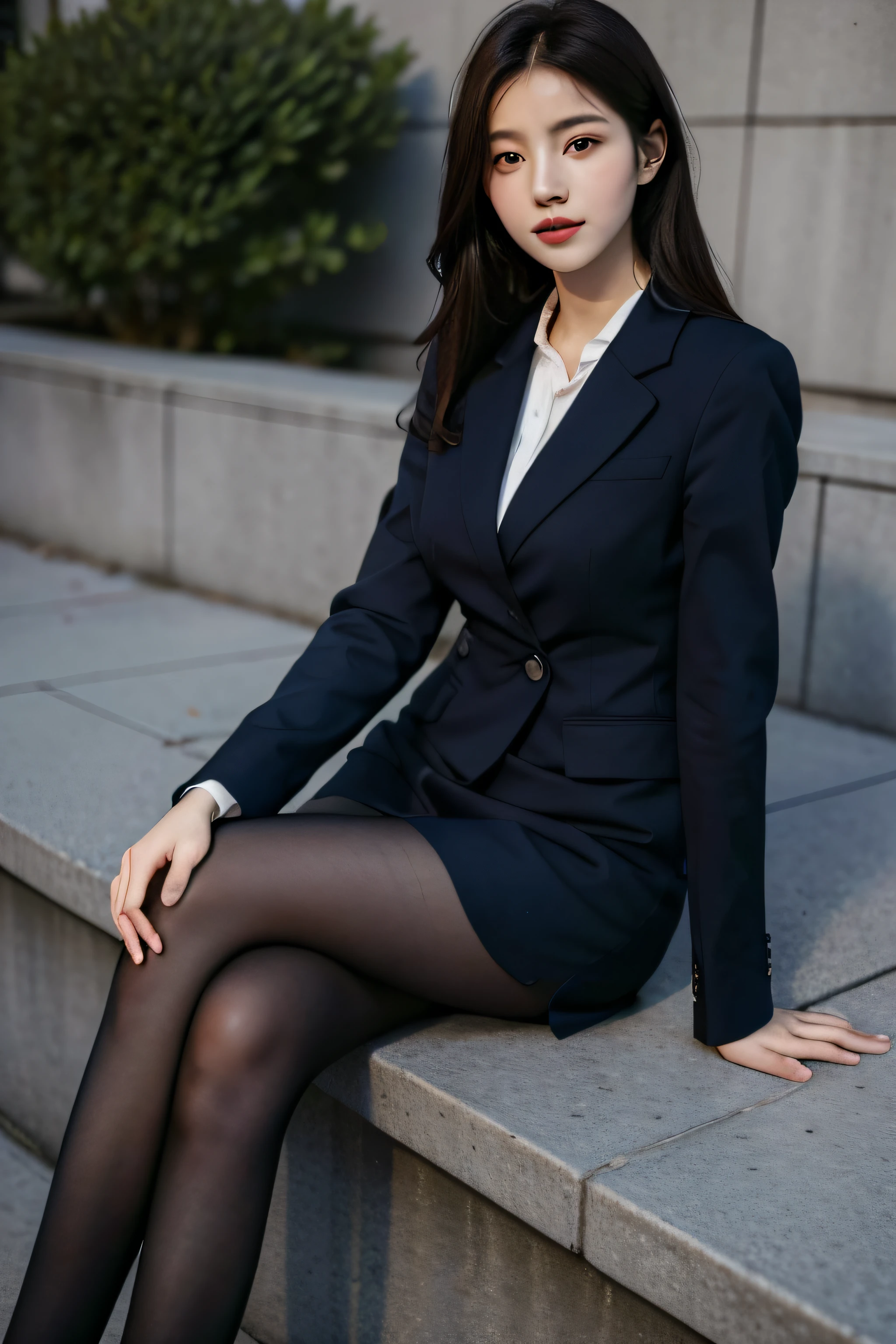 Best quality, Full body portrait, Delicate face, Pretty face, yo woman, Slim figure, Large bust, office lady uniform, office clothes, Navy blue stockings, Outdoor scene, Sitting position