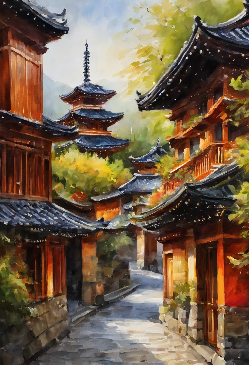 In the background is an Aalfid view of the street of the pagoda, kyoto inspired, kyoto, kyoto japan setting, like kyoto, Kyoto studio, cosmology of kyoto landscape, Kyoto studio, japan travel aesthetic, japonisme 3 d 8 k ultra detailed, inspired by Ryōhei Koiso, Japan. voluminetric lighting