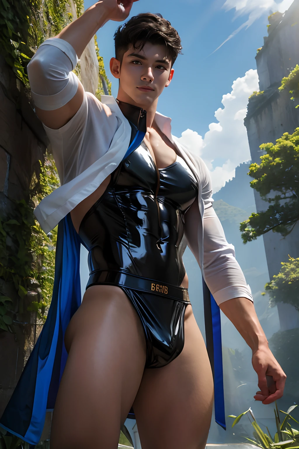 realista, Obra maestra, Detalles intrincados, Antecedentes detallados, Profundidad de campo, muscular, Foto de un guapo (Young Korean man looking like a K-pop idol), 20yo, Shirt with latex collar, shiny latex, Postura de lucha, dynamic  pose, andante, Tangas, Retrato de cuerpo entero, botas negras, sosteniendo un arco, con flechas en la espalda, en la calle de una ciudad medieval, (pelo blanco corto), Tiene un toque de misterio y magia, nubes oscuras, And lightning falling to the ground. entrepierna voluptuosa, piel blanca, palido,