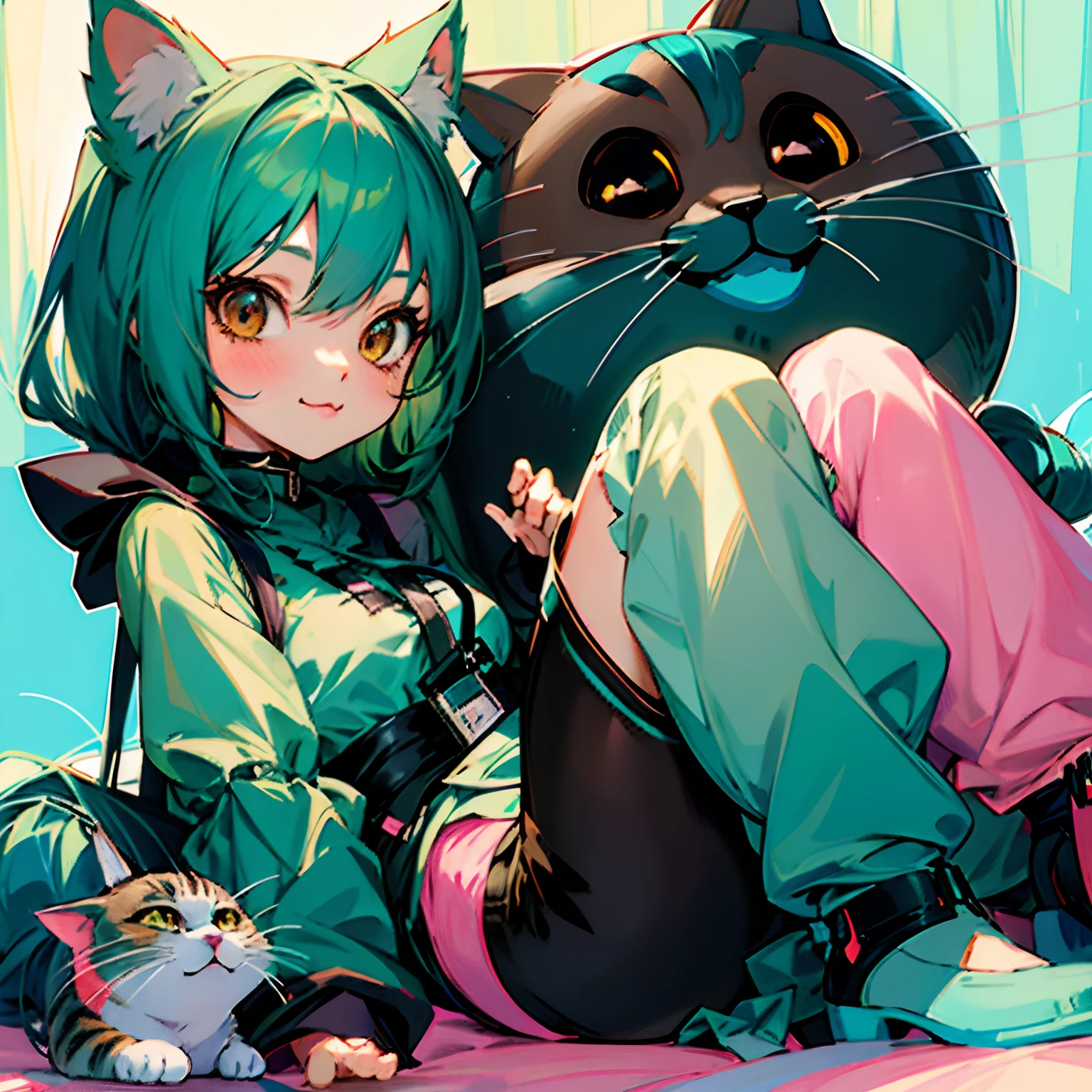 anime girl with long teal hair and brown eyes sitting next to a gray cat, anime catgirl, cute anime catgirl, anime cat, anime girl with cat ears, anime style 4 k, beautiful anime catgirl, very beautiful anime cat girl, anime style. 8k, attractive cat girl, anime girl with teal hair and brown ayes, top rated on pixiv