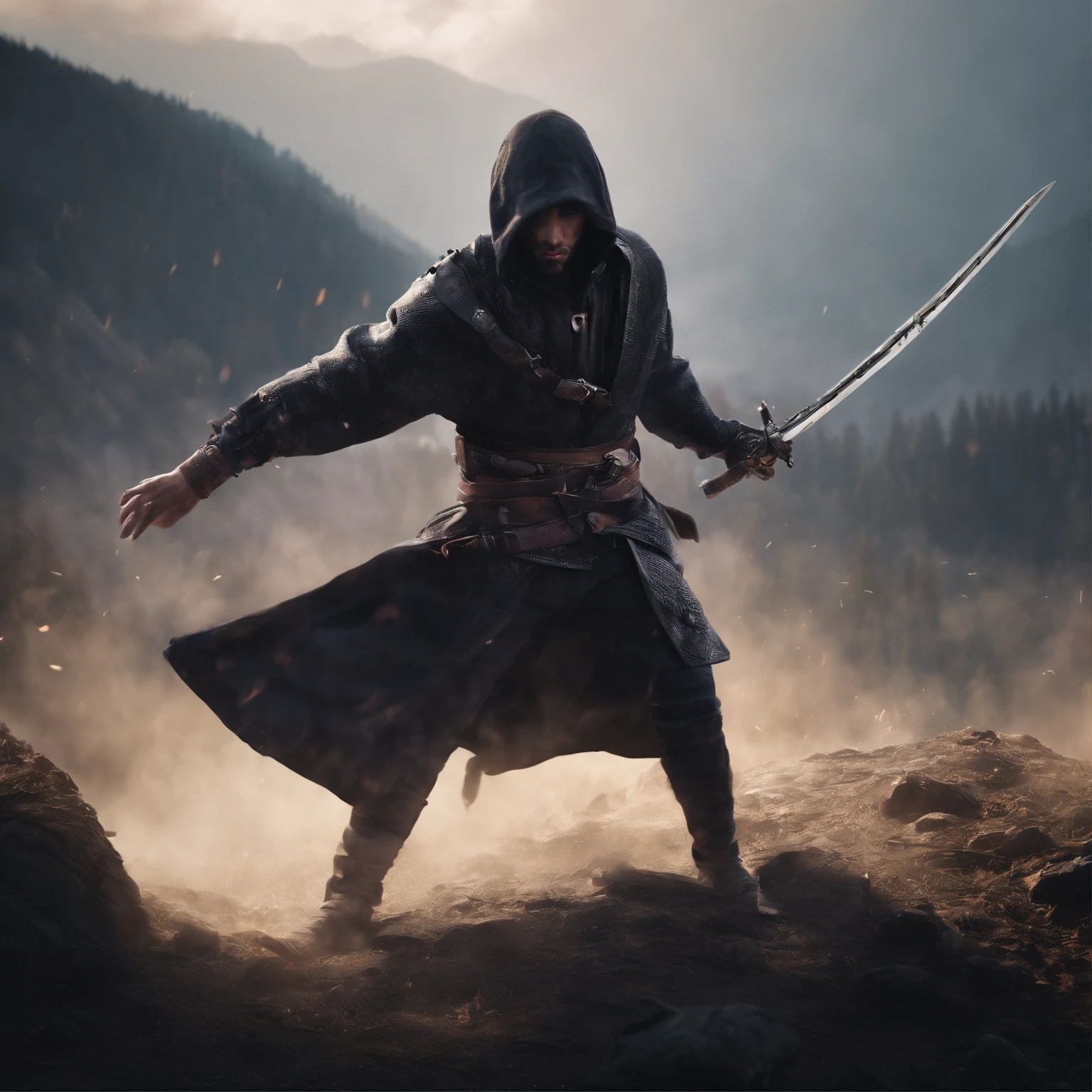 Anime boy,Wearing a hoodie,holding daggers,battle pose,highest quality digital art, surrounded by shadow warrios,black and purple,dark,shadow master, Stunning art, wallpaper 4k,8k,64k, HD, unparalleled masterpiece, dynamic lighting, cinematic, epic