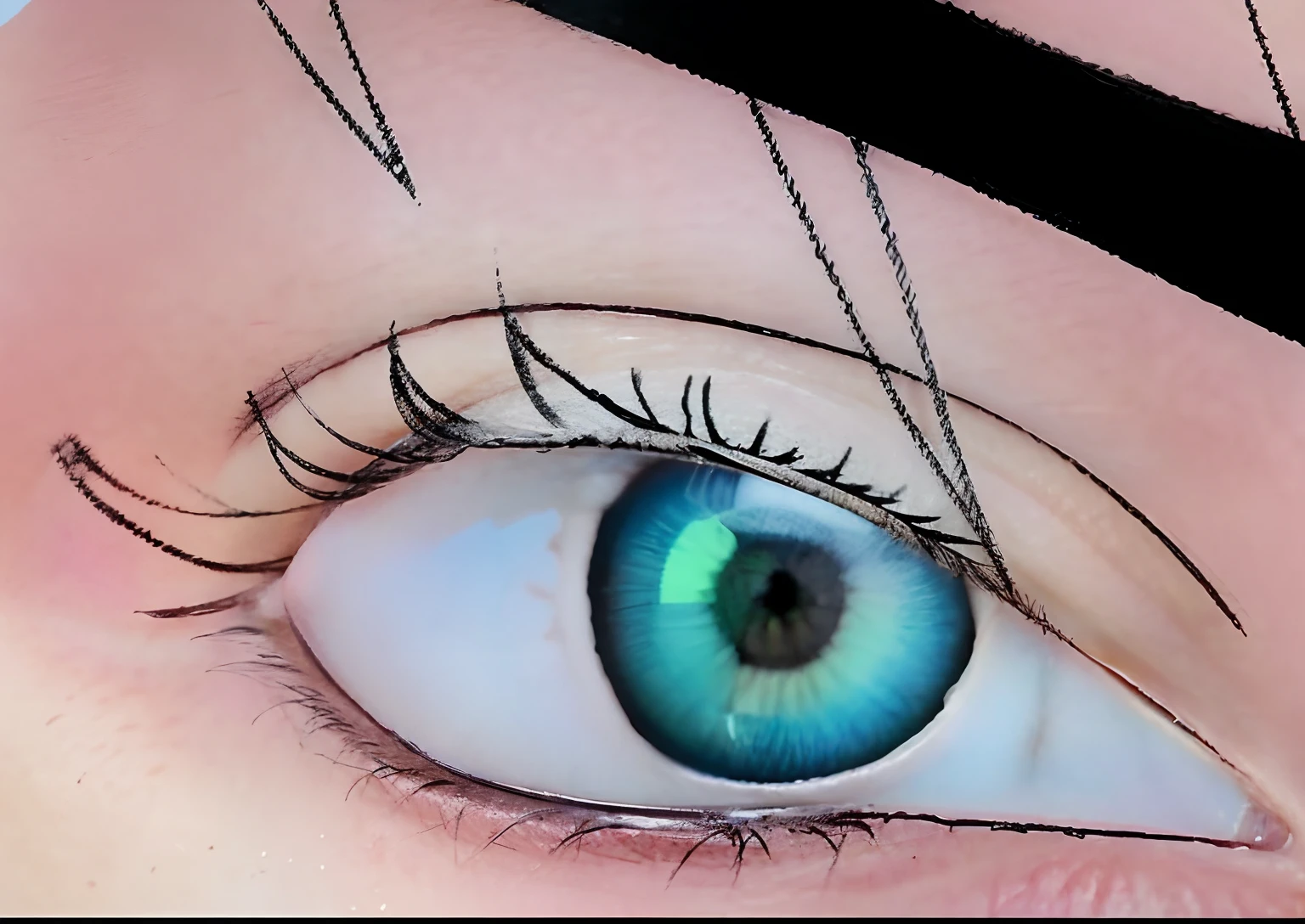olho realista com um olho preto e um olho rosa, grandes olhos inclinados para baixo, posicionamento correto dos olhos, nenhuma mancha sobre o olho direito, terceiro olho no meio da testa, ponto laser entre os olhos, Olhos enormes inclinados para baixo, terceiro olho no meio da testa, Various eyelid positions, Eyelids, branco ao redor do olho direito, olho realista, sobrancelha realista, textura de pele realista, pele clara com tons rosados, foto de olho de mulher, olho bonito, imagem realista de alta qualidade